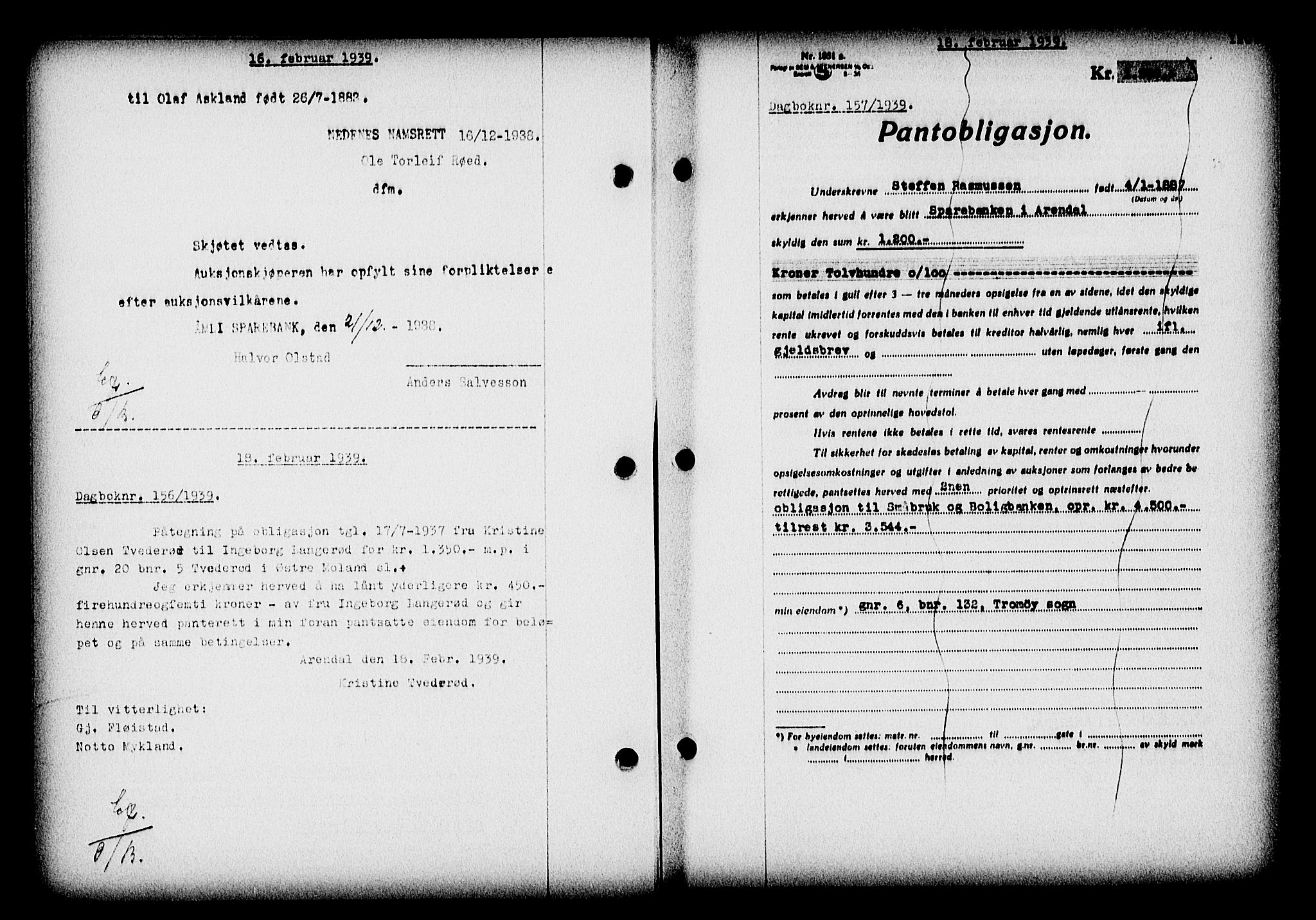 Nedenes sorenskriveri, AV/SAK-1221-0006/G/Gb/Gba/L0046: Pantebok nr. 42, 1938-1939, Dagboknr: 157/1939