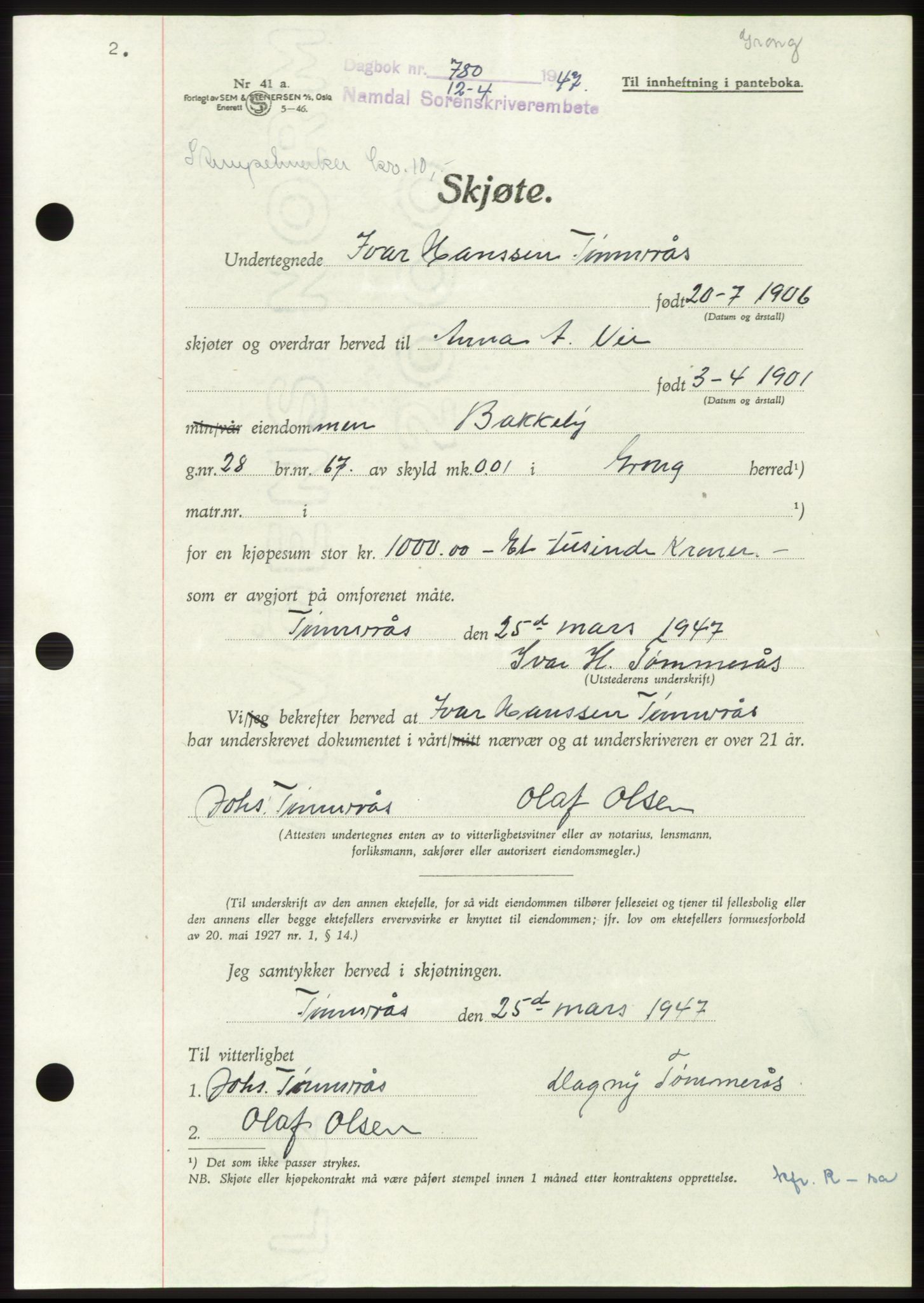 Namdal sorenskriveri, SAT/A-4133/1/2/2C: Pantebok nr. -, 1947-1947, Dagboknr: 780/1947