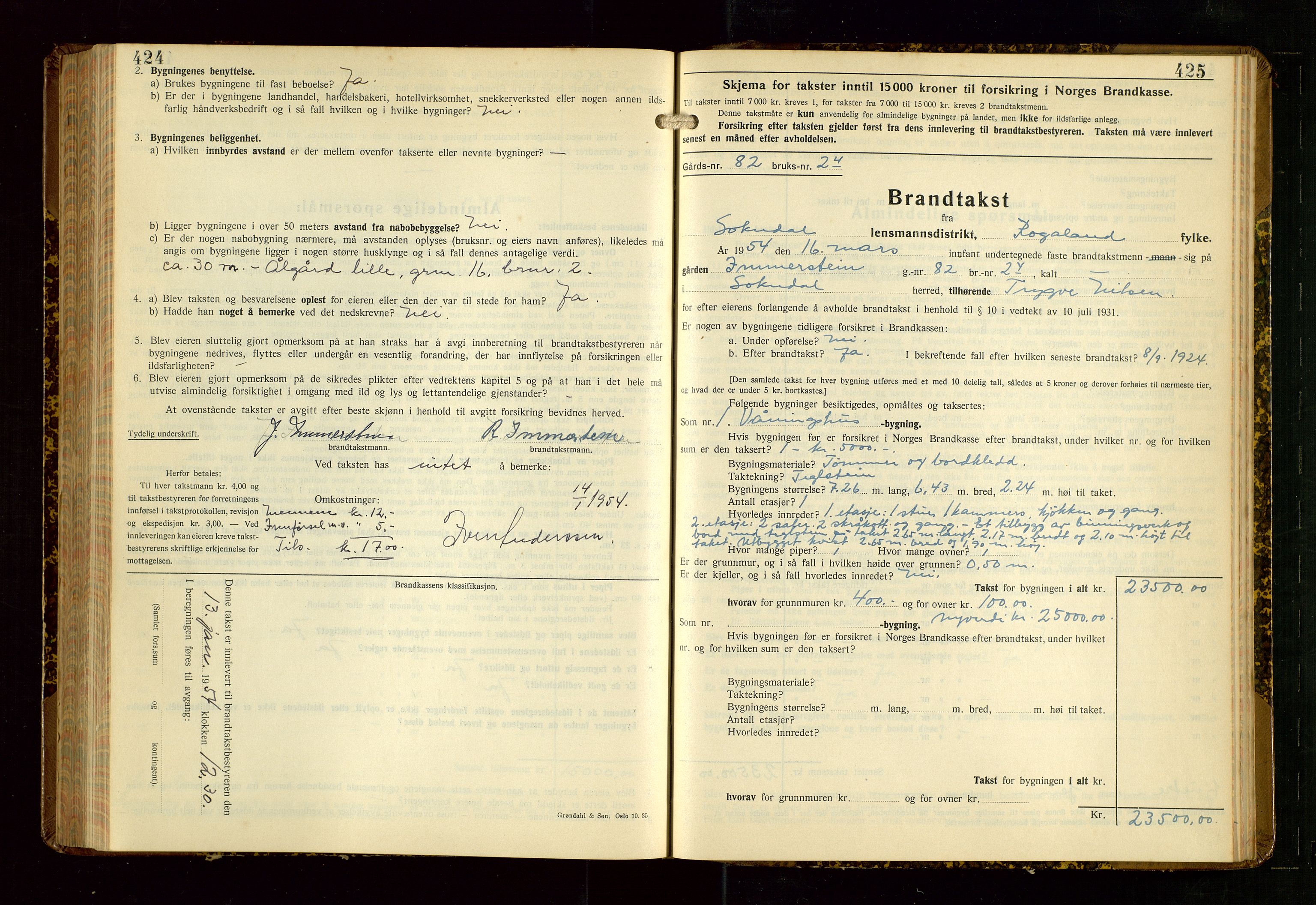 Sokndal lensmannskontor, AV/SAST-A-100417/Gob/L0008: "Brandtakst-Protokoll", 1937-1955, s. 424-425