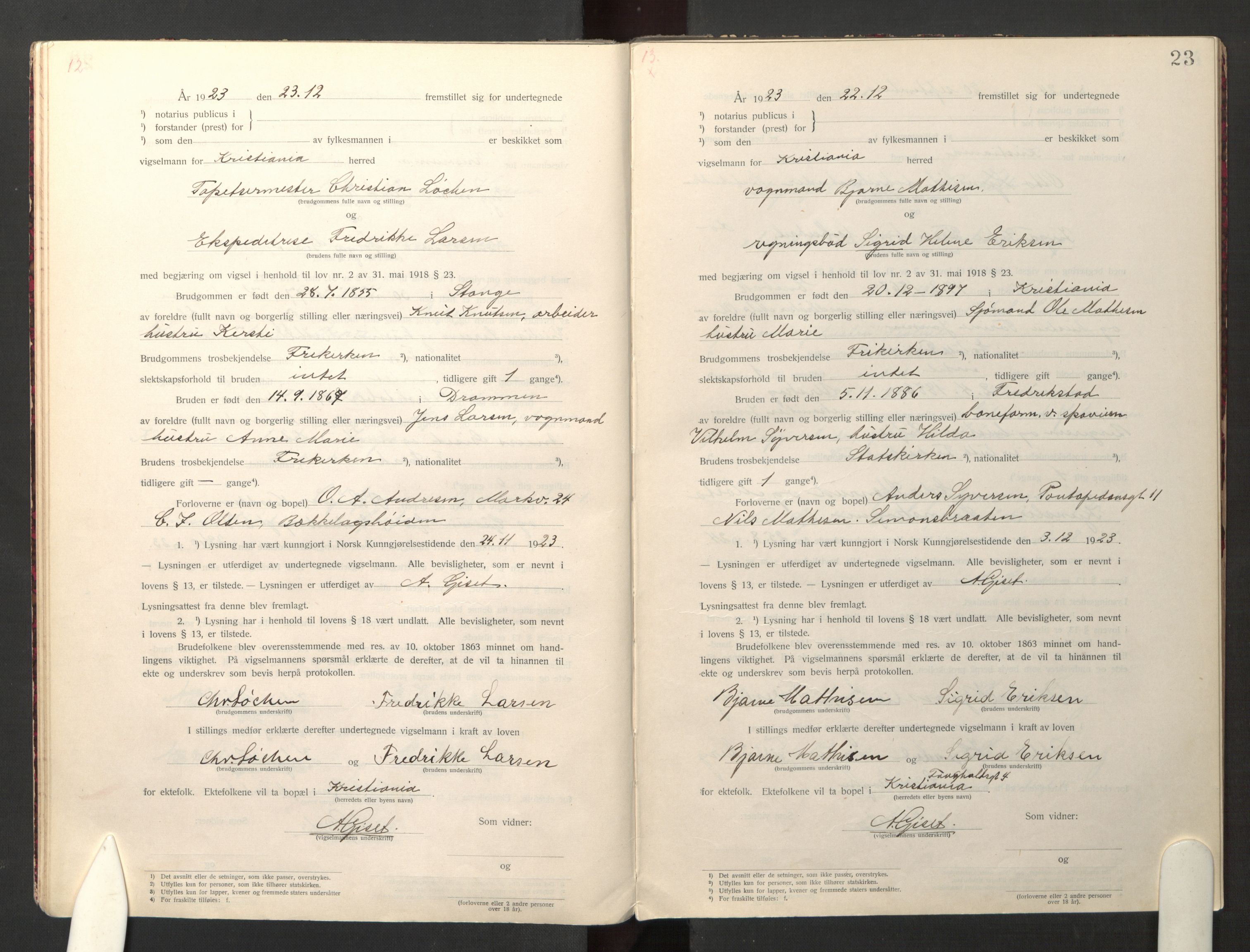 Den evangelisk-lutherske frikirke østre menighet, Oslo, AV/SAO-PAO-0245/F/L0005: Vigselsbok (dissentere) nr. 5, 1920-1941, s. 23