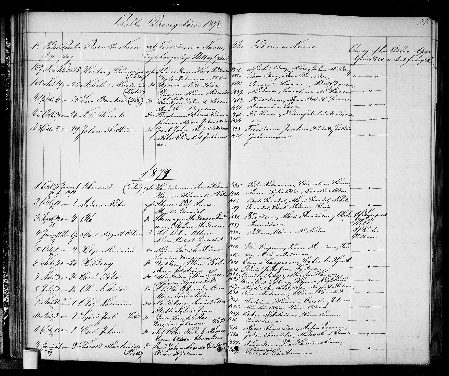 Halden prestekontor Kirkebøker, AV/SAO-A-10909/G/Ga/L0006: Klokkerbok nr. 6, 1869-1884, s. 74