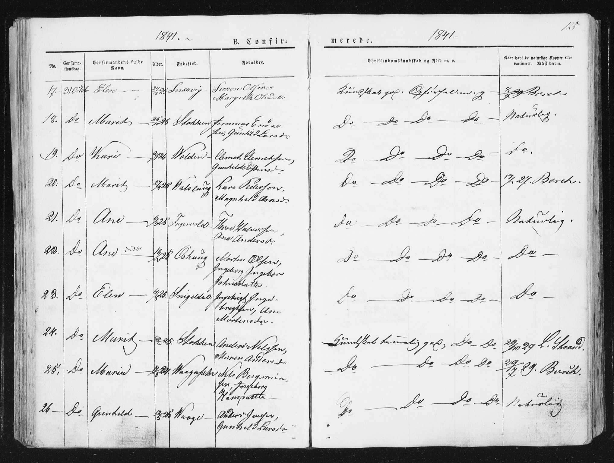 Ministerialprotokoller, klokkerbøker og fødselsregistre - Sør-Trøndelag, SAT/A-1456/630/L0493: Ministerialbok nr. 630A06, 1841-1851, s. 125