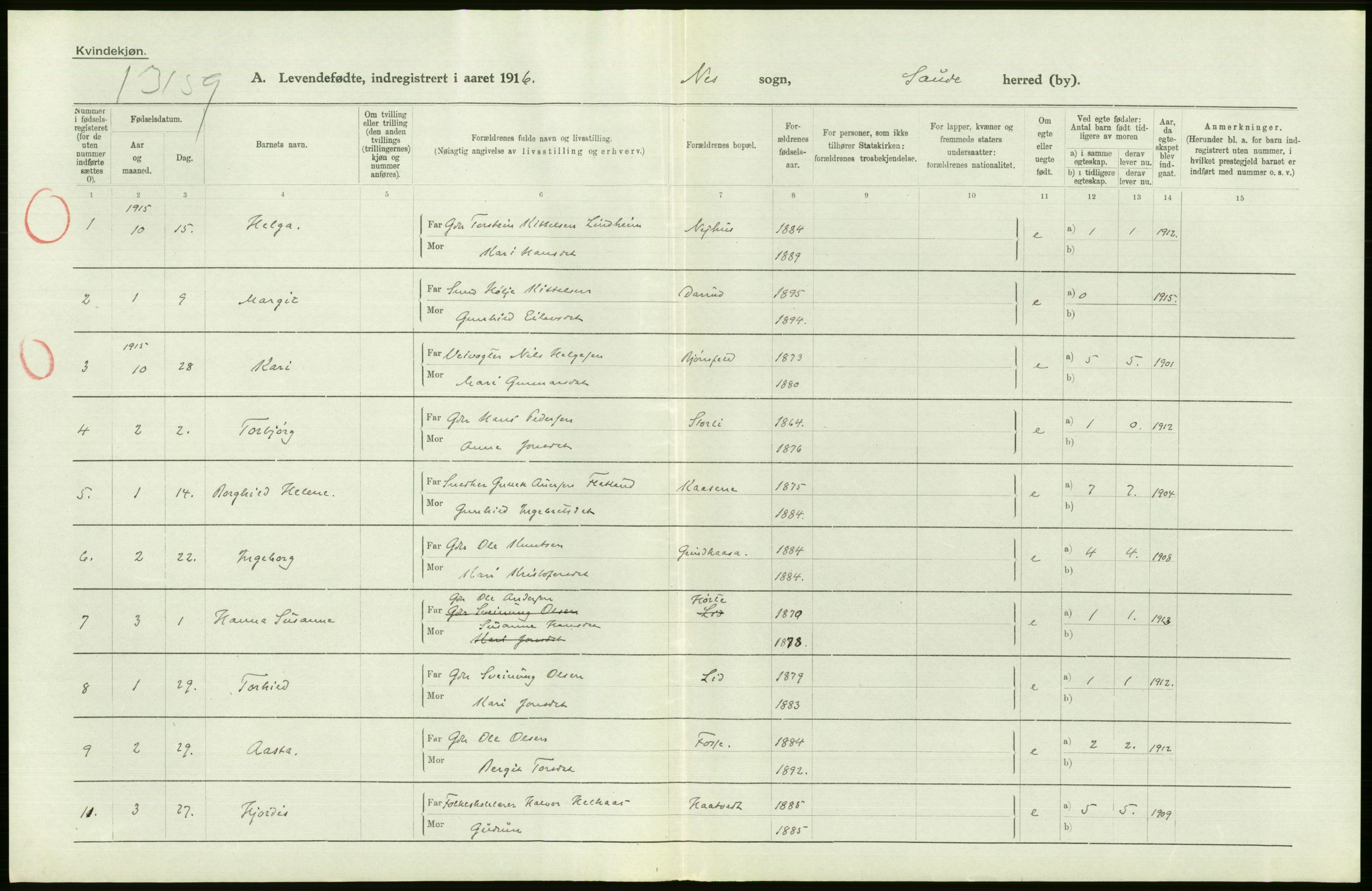 Statistisk sentralbyrå, Sosiodemografiske emner, Befolkning, AV/RA-S-2228/D/Df/Dfb/Dfbf/L0022: Bratsberg amt: Levendefødte menn og kvinner. Bygder., 1916, s. 272