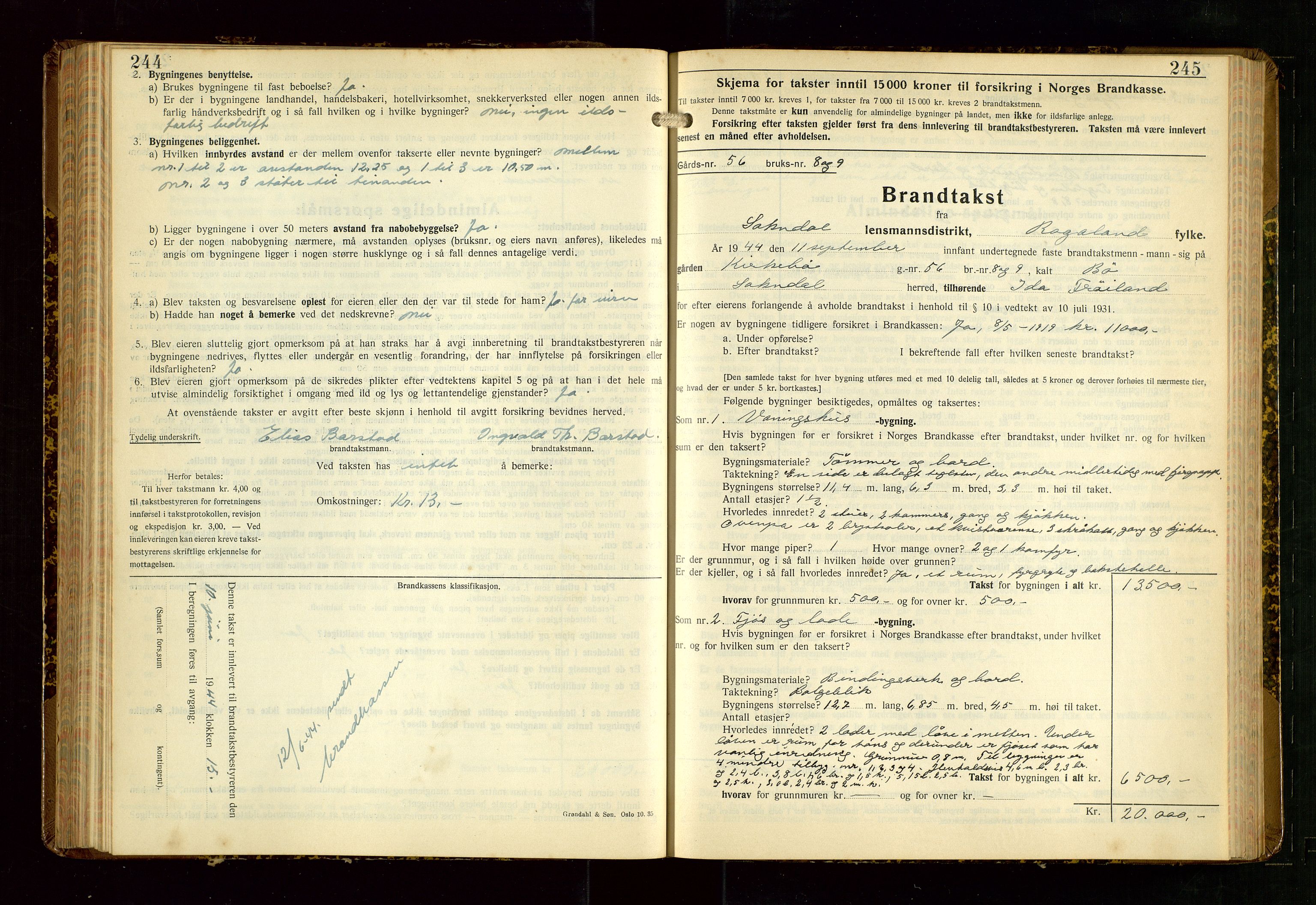 Sokndal lensmannskontor, AV/SAST-A-100417/Gob/L0008: "Brandtakst-Protokoll", 1937-1955, s. 244-245