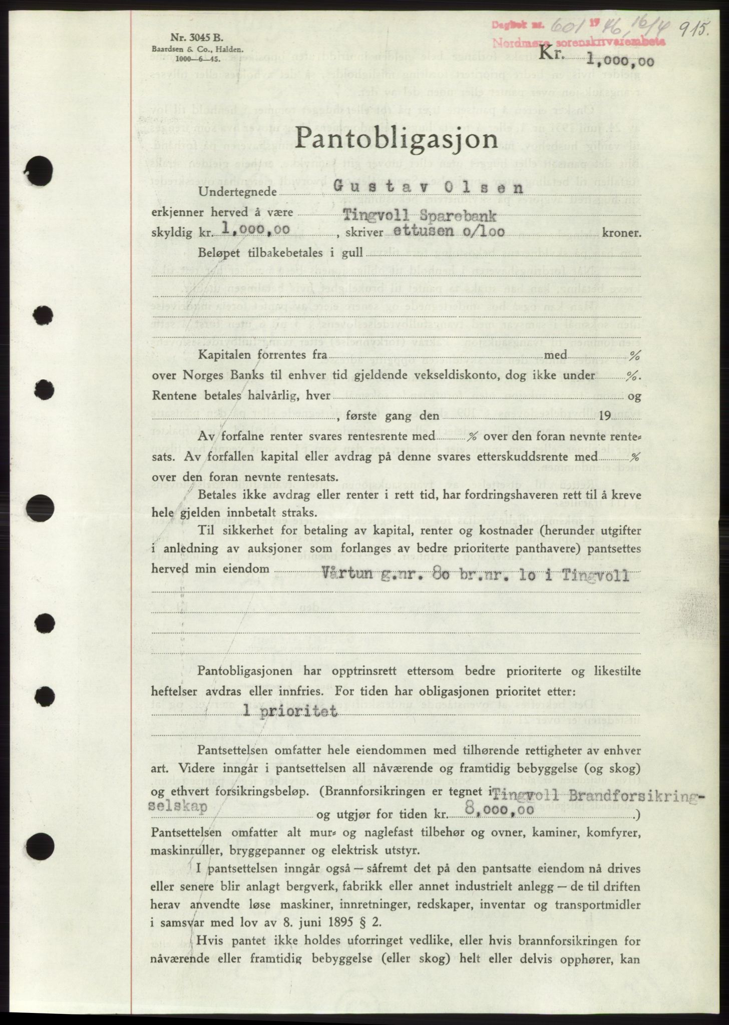 Nordmøre sorenskriveri, SAT/A-4132/1/2/2Ca: Pantebok nr. B93b, 1946-1946, Dagboknr: 601/1946