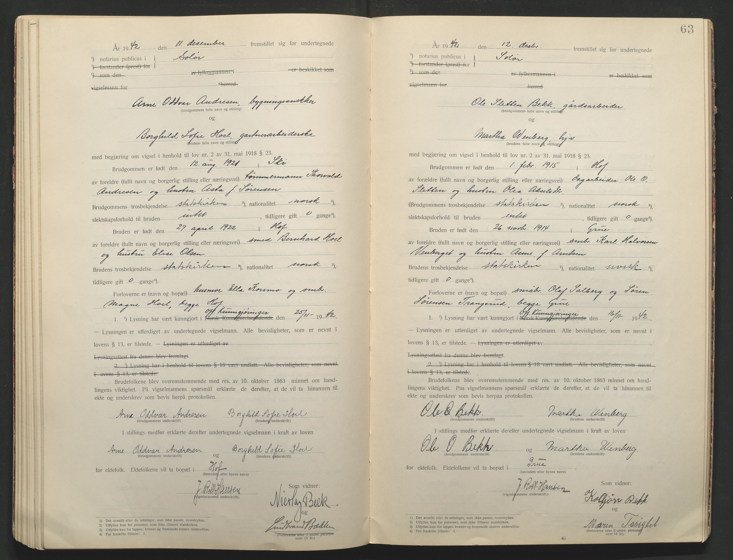 Solør tingrett, AV/SAH-TING-008/L/Lb/L0001: Vigselprotokoll, 1920-1943, s. 63