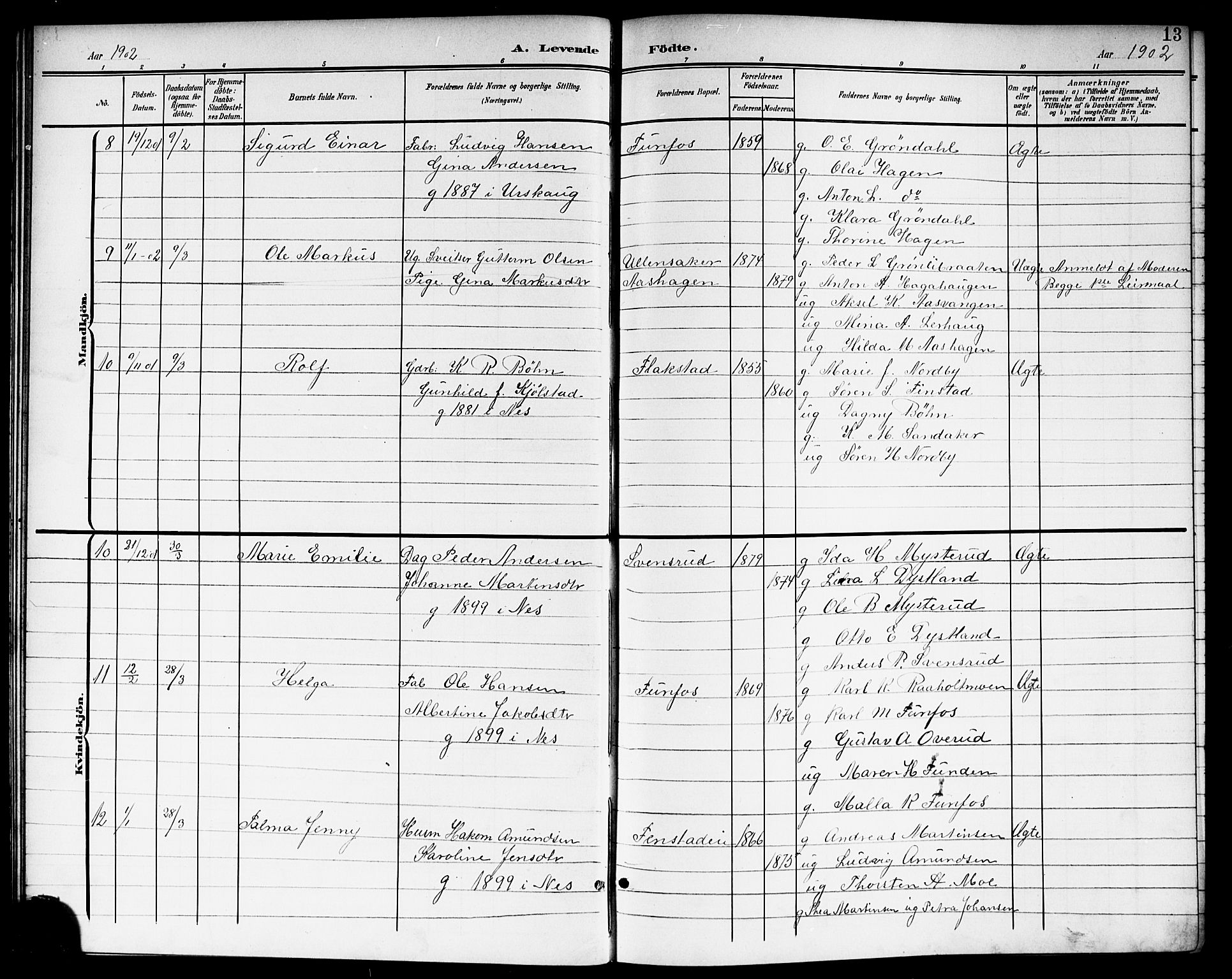 Nes prestekontor Kirkebøker, AV/SAO-A-10410/G/Ga/L0002: Klokkerbok nr. I 2, 1901-1912, s. 13