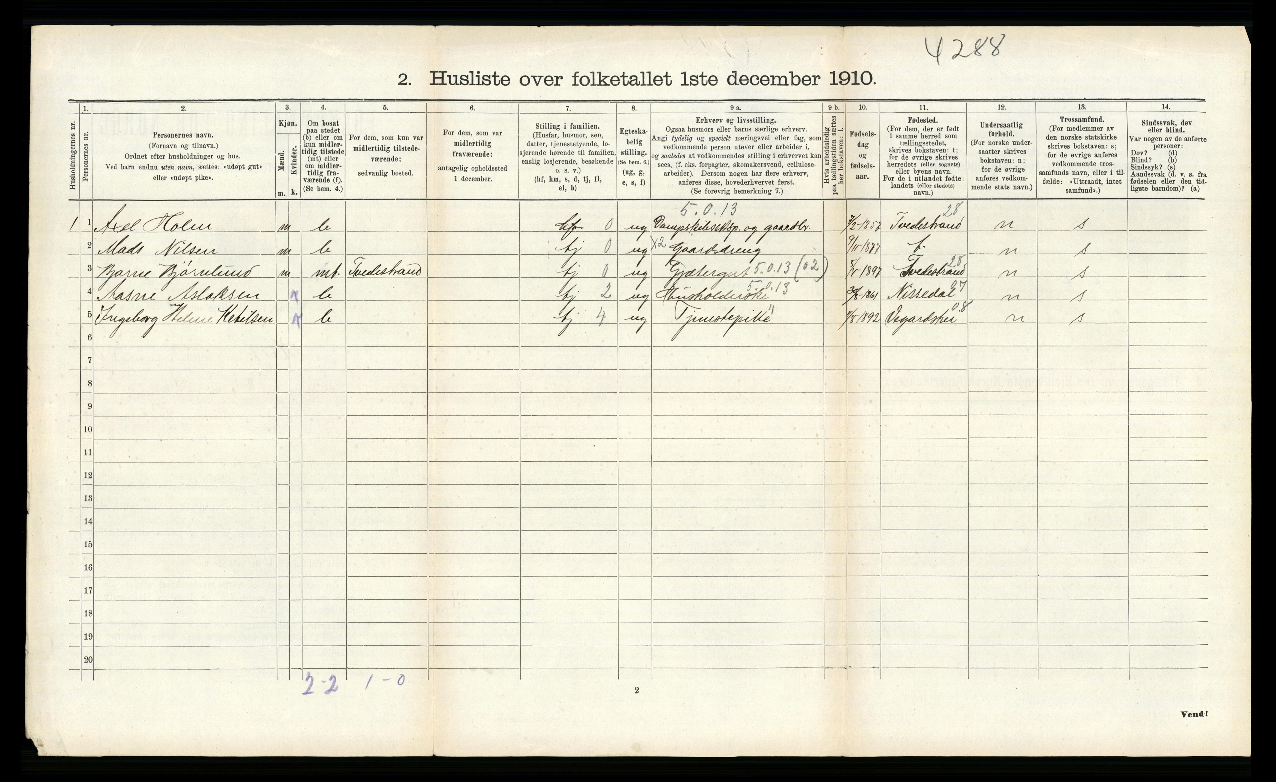 RA, Folketelling 1910 for 0914 Holt herred, 1910, s. 1367