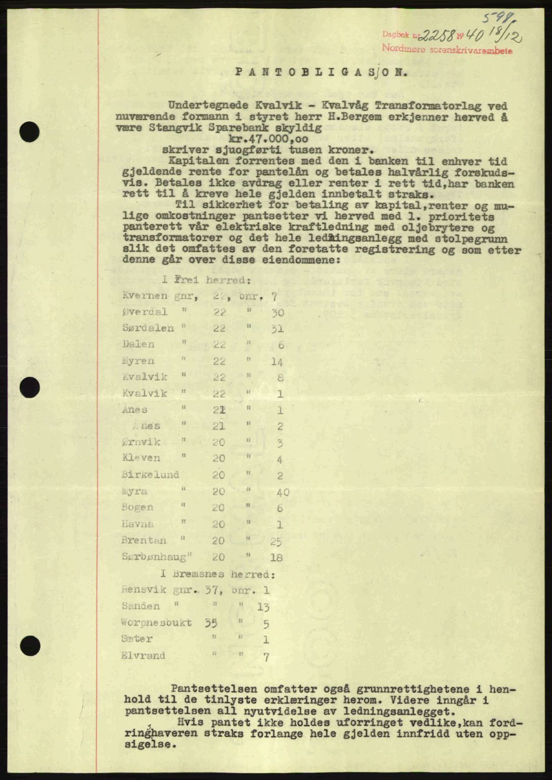 Nordmøre sorenskriveri, AV/SAT-A-4132/1/2/2Ca: Pantebok nr. B87, 1940-1941, Dagboknr: 2258/1940