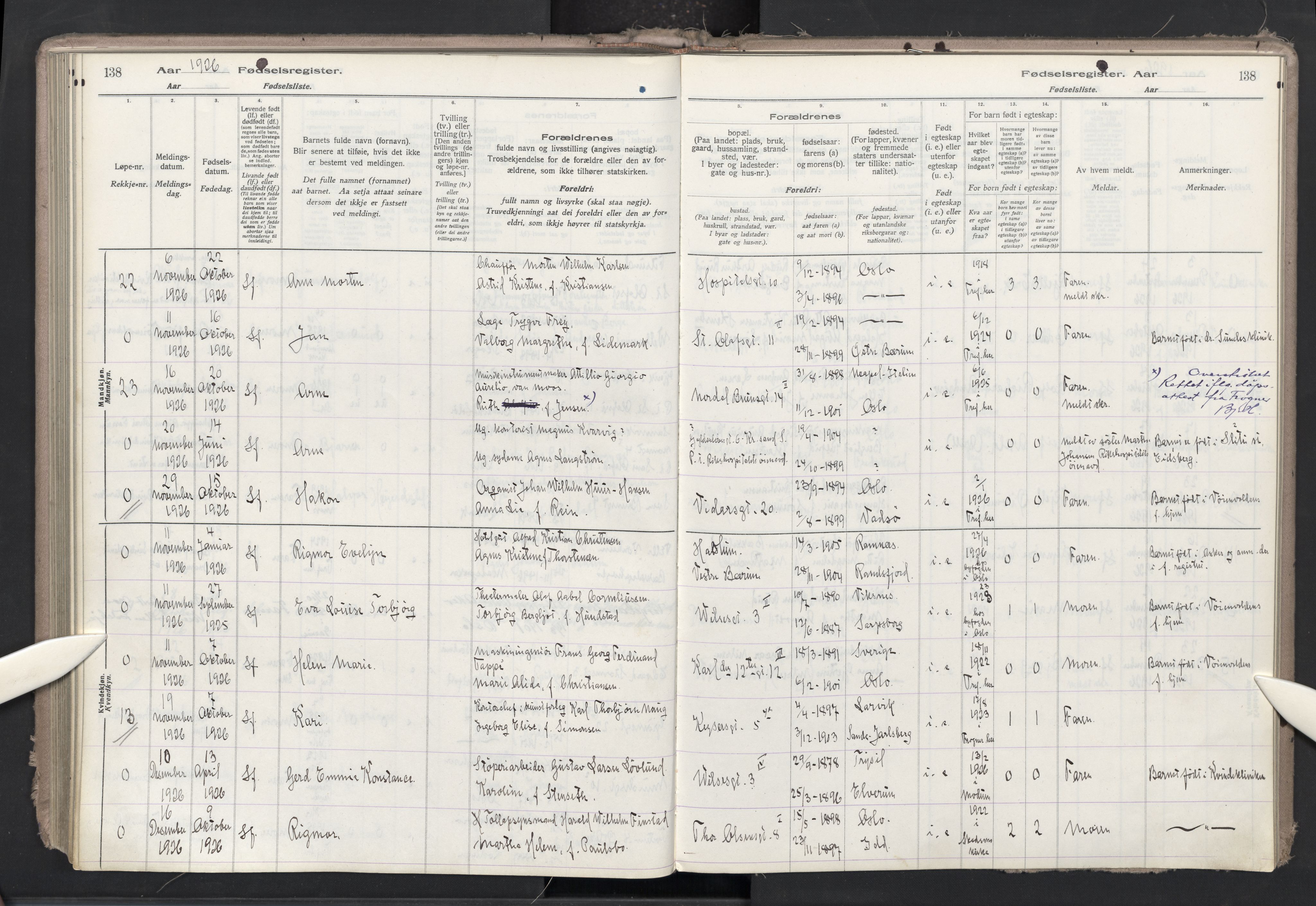 Trefoldighet prestekontor Kirkebøker, AV/SAO-A-10882/J/Ja/L0001: Fødselsregister nr. 1, 1916-1931, s. 138