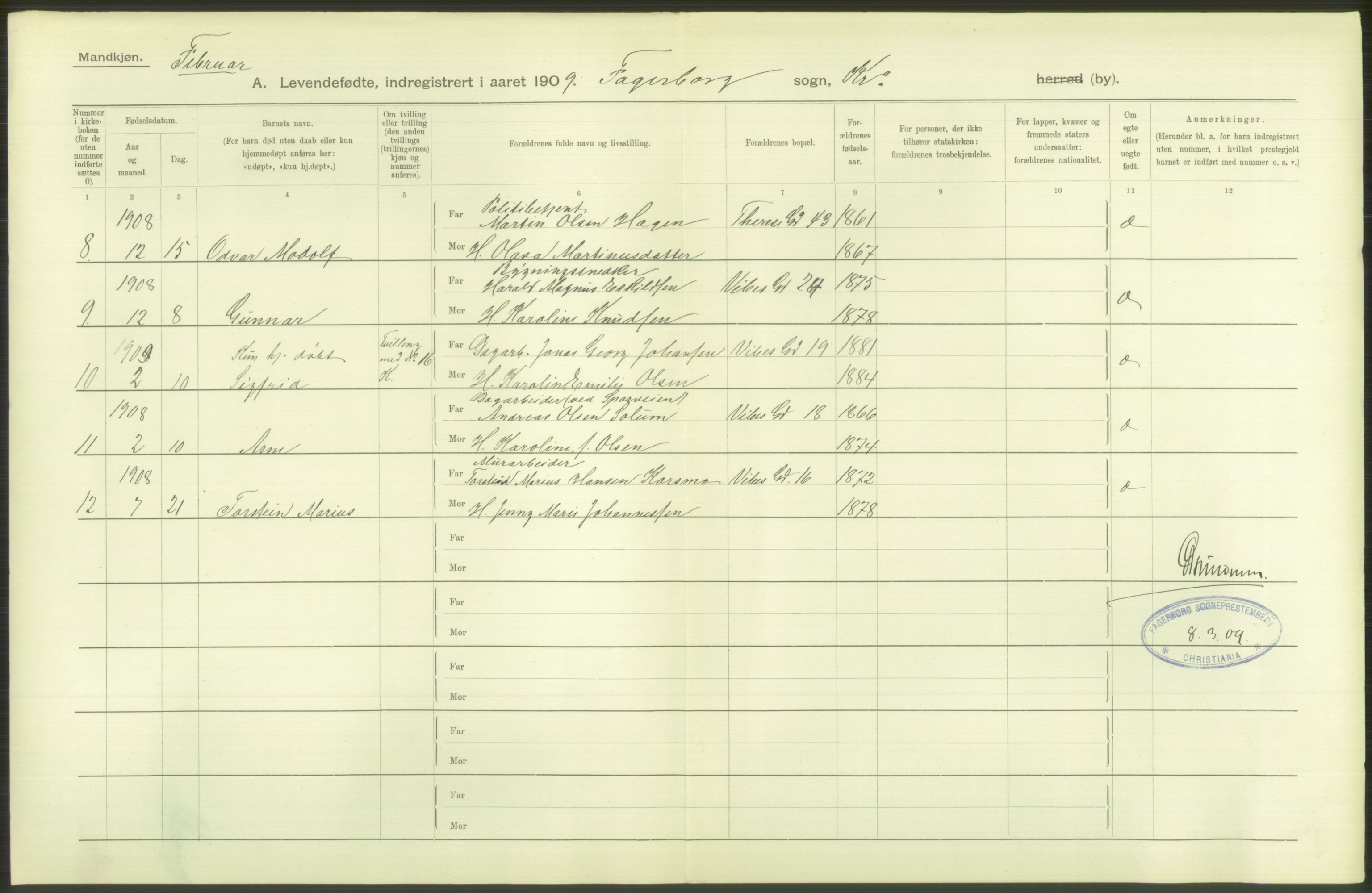 Statistisk sentralbyrå, Sosiodemografiske emner, Befolkning, RA/S-2228/D/Df/Dfa/Dfag/L0007: Kristiania: Levendefødte menn og kvinner., 1909, s. 104