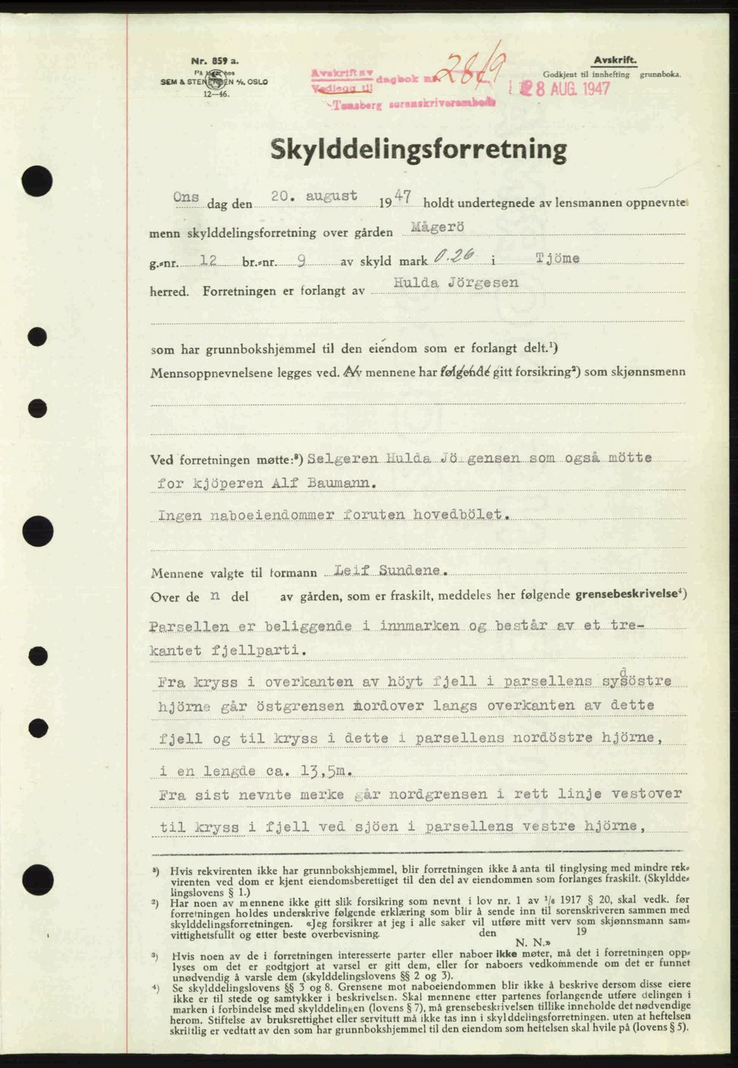 Tønsberg sorenskriveri, SAKO/A-130/G/Ga/Gaa/L0022: Pantebok nr. A22, 1947-1947, Dagboknr: 2819/1947
