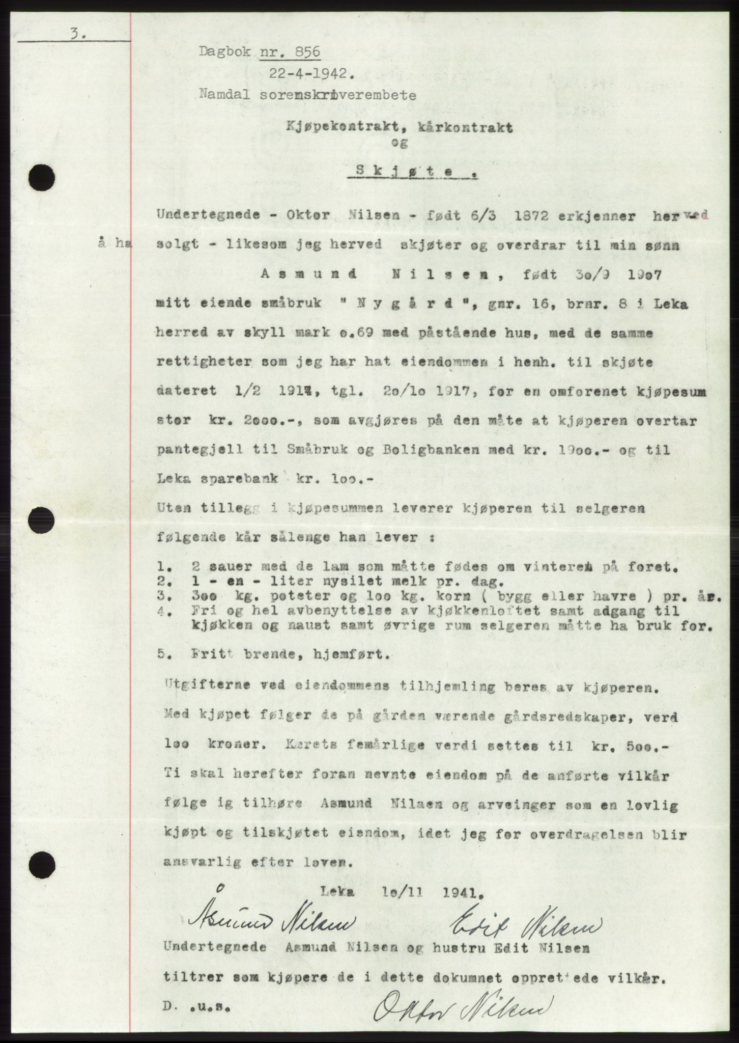Namdal sorenskriveri, SAT/A-4133/1/2/2C: Pantebok nr. -, 1941-1942, Dagboknr: 856/1942