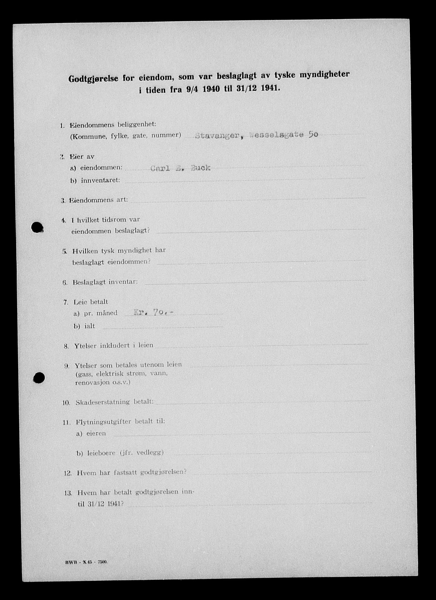 Justisdepartementet, Tilbakeføringskontoret for inndratte formuer, AV/RA-S-1564/I/L1014: Godtgjørelse for beslaglagt eiendom, 1940-1941, s. 19