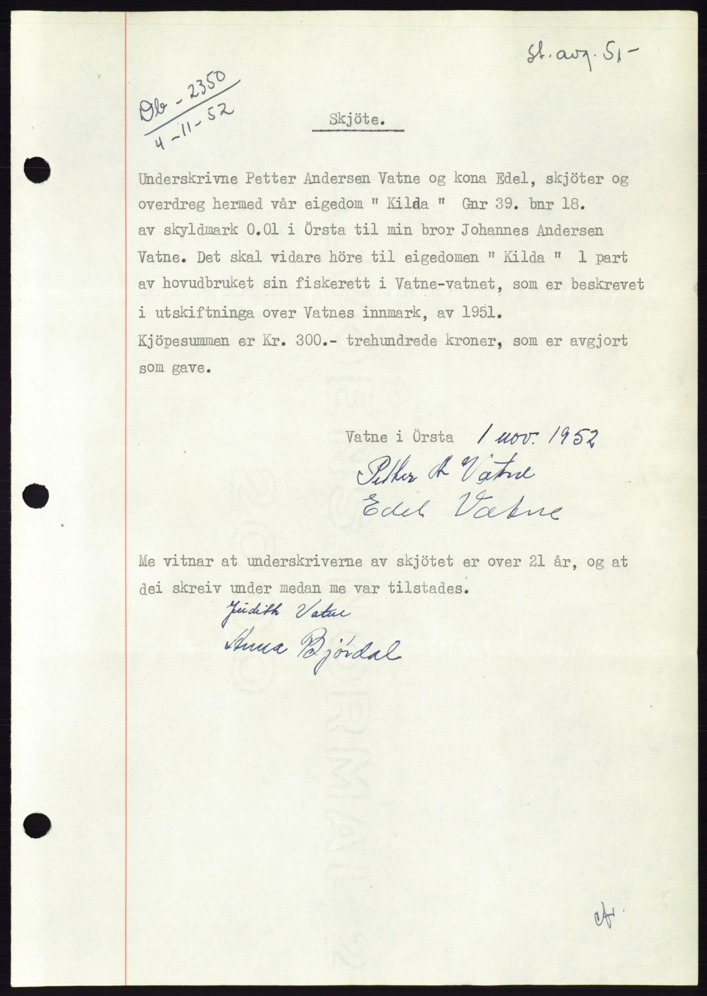 Søre Sunnmøre sorenskriveri, AV/SAT-A-4122/1/2/2C/L0093: Pantebok nr. 19A, 1952-1953, Dagboknr: 2350/1952