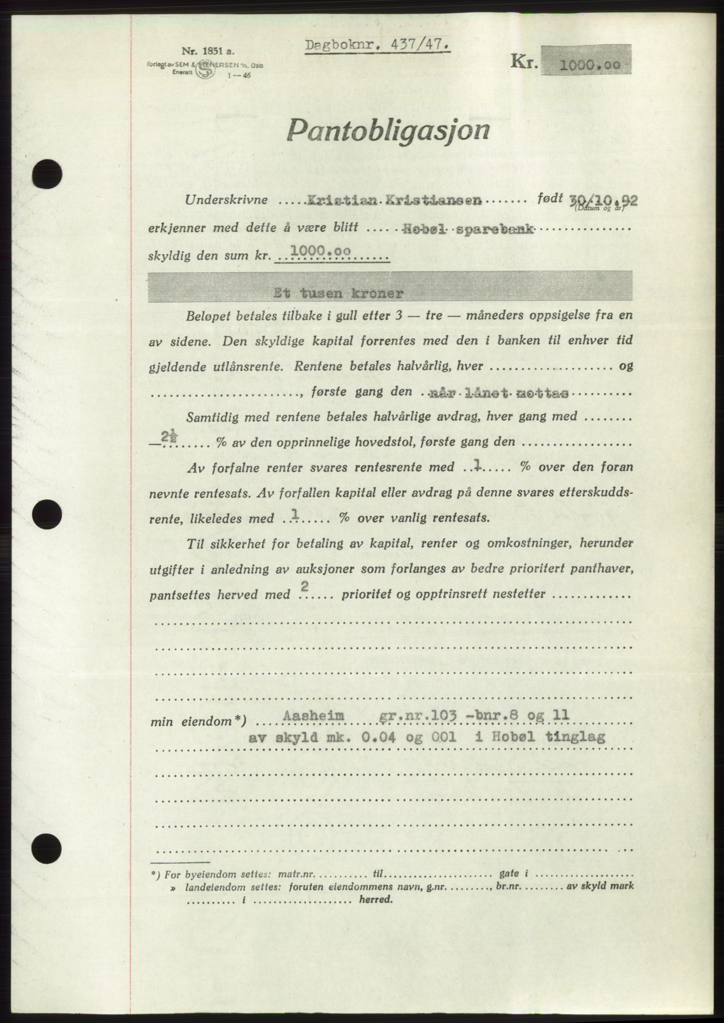 Moss sorenskriveri, SAO/A-10168: Pantebok nr. B16, 1946-1947, Dagboknr: 437/1947
