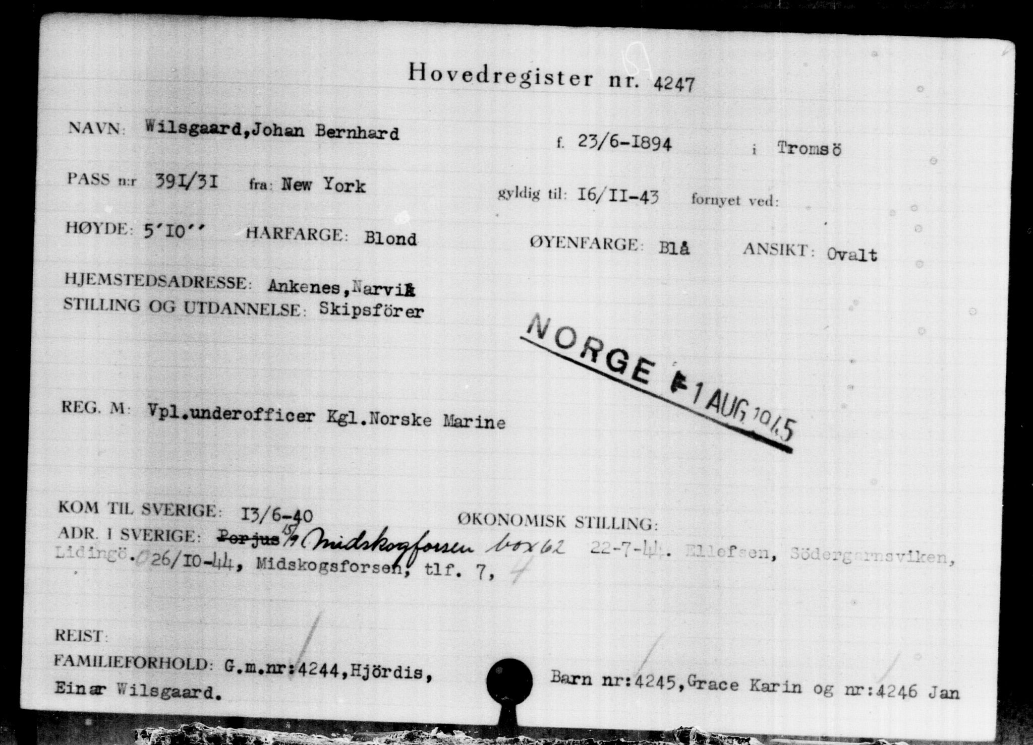 Den Kgl. Norske Legasjons Flyktningskontor, AV/RA-S-6753/V/Va/L0004: Kjesäterkartoteket.  Flyktningenr. 3496-6610, 1940-1945, s. 909