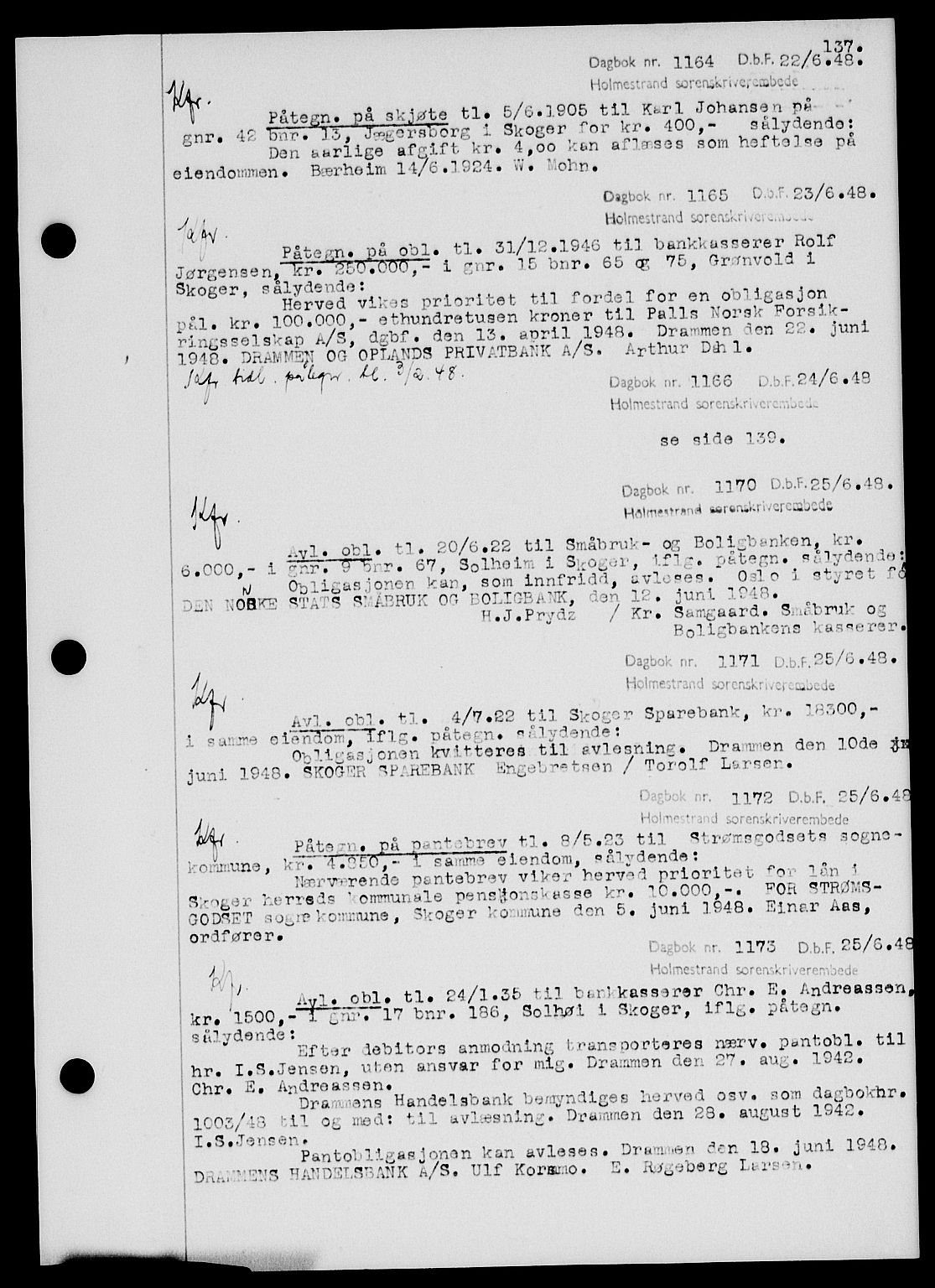Holmestrand sorenskriveri, SAKO/A-67/G/Ga/Gab/L0058: Pantebok nr. B-58, 1947-1948, s. 137, Dagboknr: 1164/1948