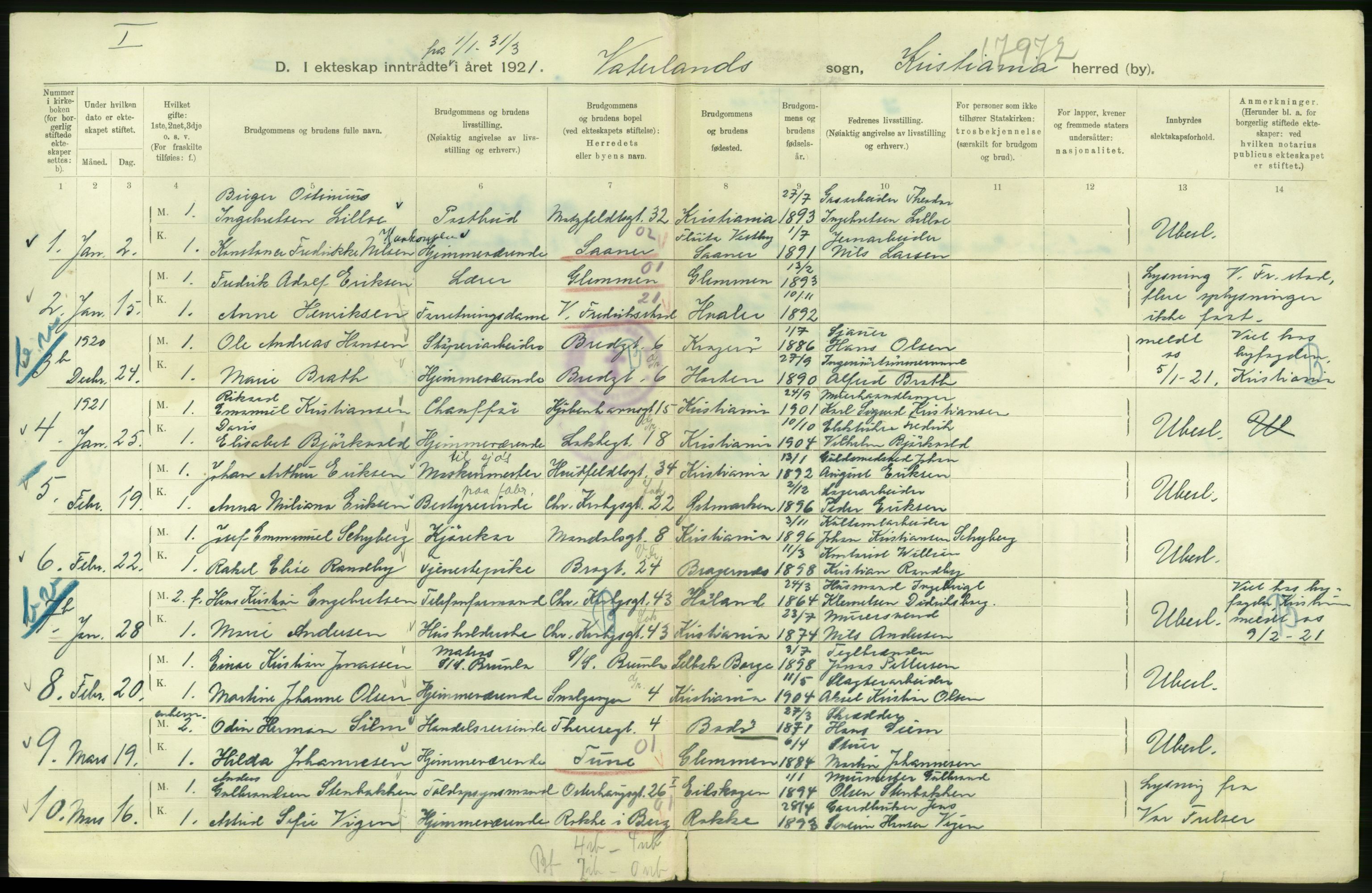 Statistisk sentralbyrå, Sosiodemografiske emner, Befolkning, AV/RA-S-2228/D/Df/Dfc/Dfca/L0011: Kristiania: Gifte, 1921, s. 844