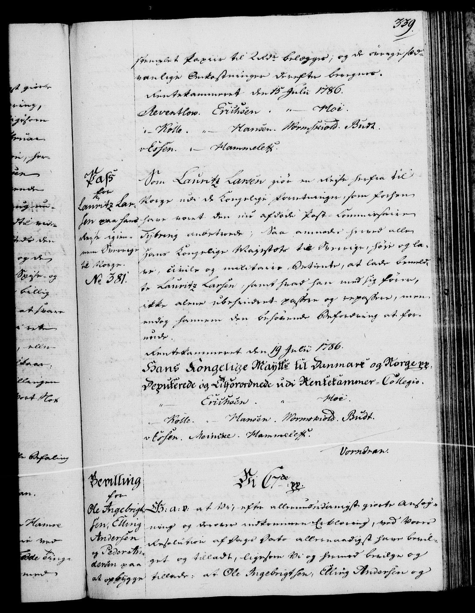 Rentekammeret, Kammerkanselliet, RA/EA-3111/G/Gg/Gga/L0013: Norsk ekspedisjonsprotokoll med register (merket RK 53.13), 1784-1787, s. 339