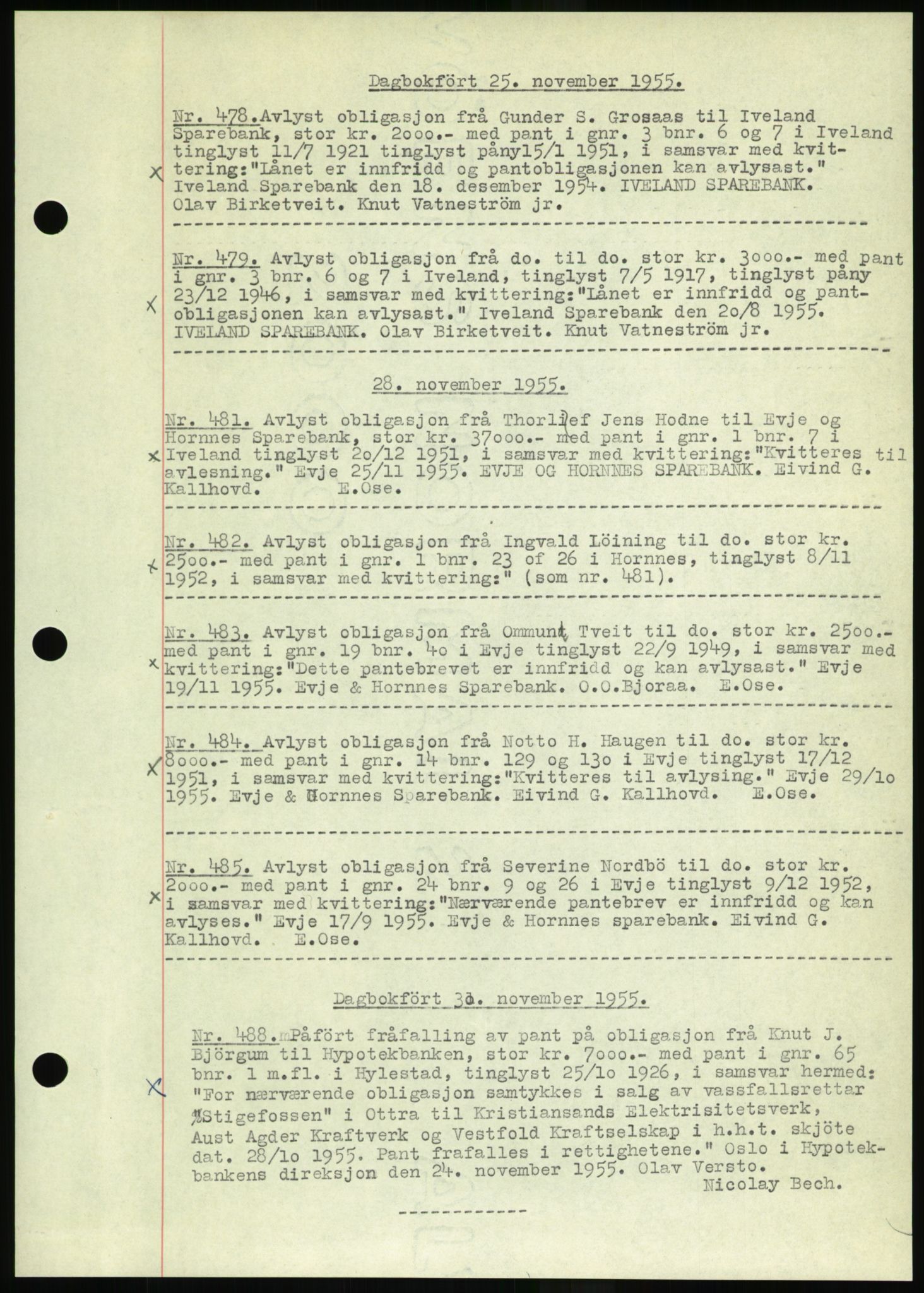 Setesdal sorenskriveri, SAK/1221-0011/G/Gb/L0052: Pantebok nr. B 40, 1954-1955, Dagboknr: 478/1955