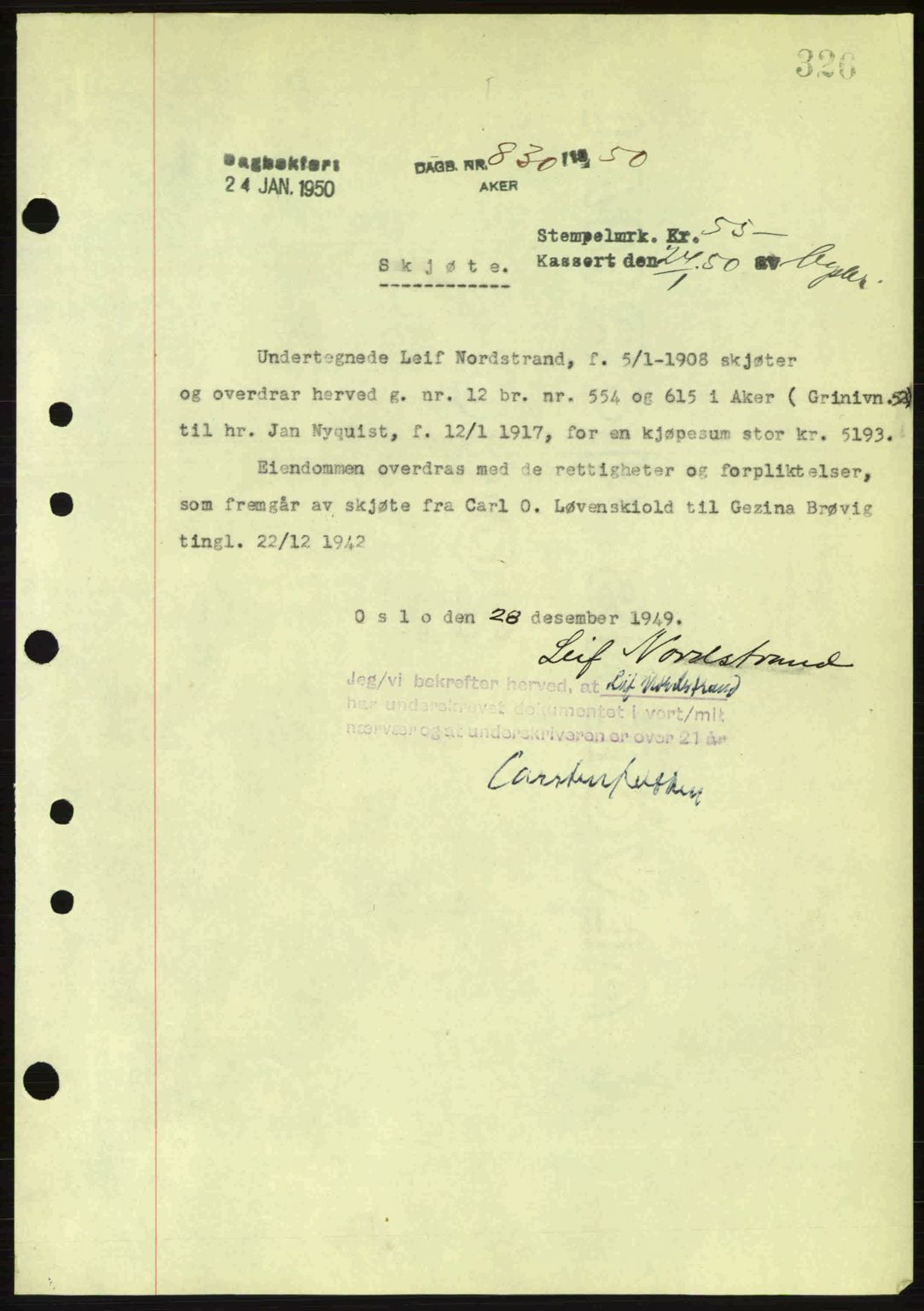 Oslo byskriverembete, AV/SAO-A-10227/G/Gb/Gbd/Gbda/L0017: Pantebok nr. A215, 1949-1950, Dagboknr: 830/1950