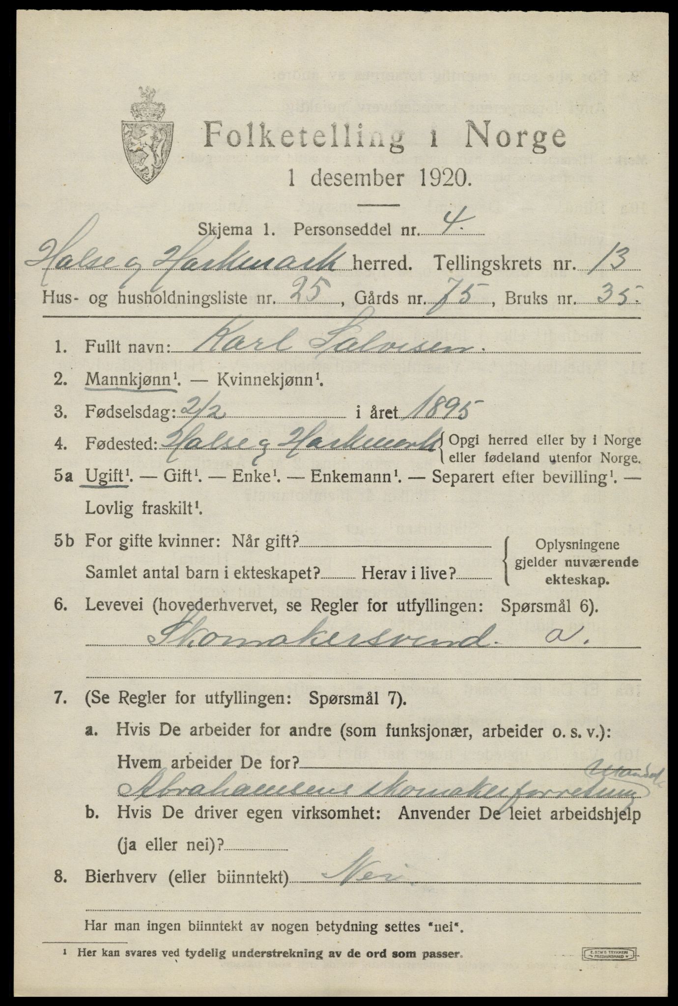 SAK, Folketelling 1920 for 1019 Halse og Harkmark herred, 1920, s. 7221