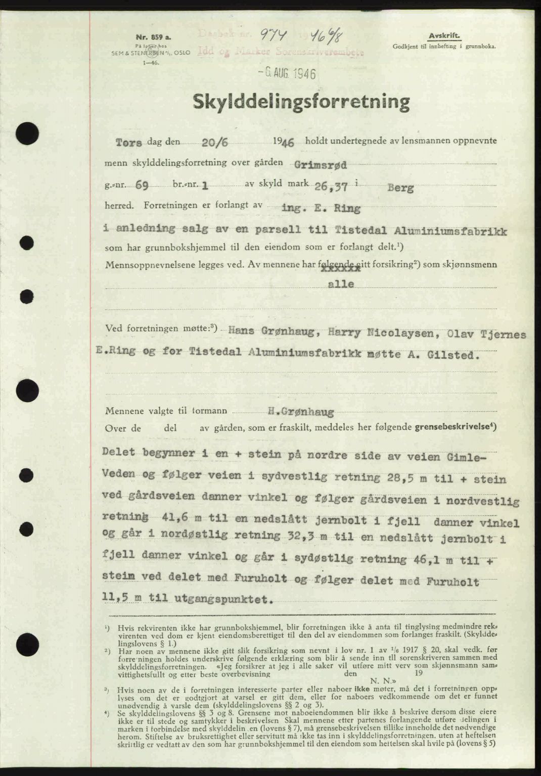 Idd og Marker sorenskriveri, SAO/A-10283/G/Gb/Gbb/L0008: Pantebok nr. A8, 1946-1946, Dagboknr: 974/1946