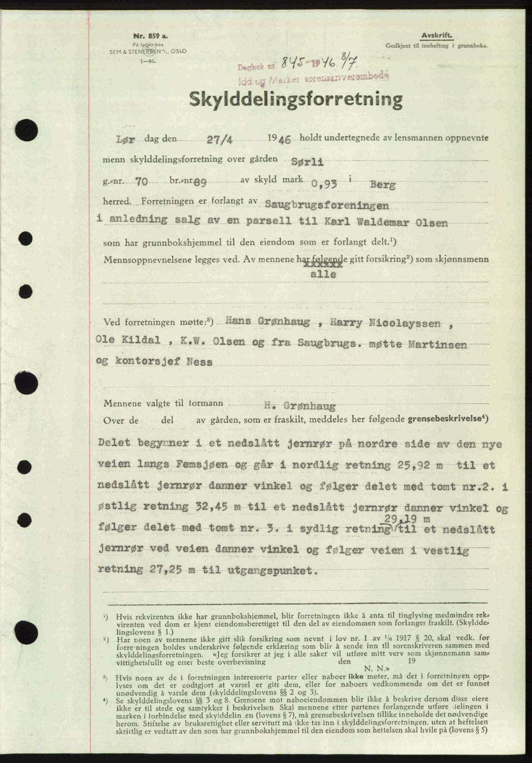 Idd og Marker sorenskriveri, SAO/A-10283/G/Gb/Gbb/L0008: Pantebok nr. A8, 1946-1946, Dagboknr: 845/1946