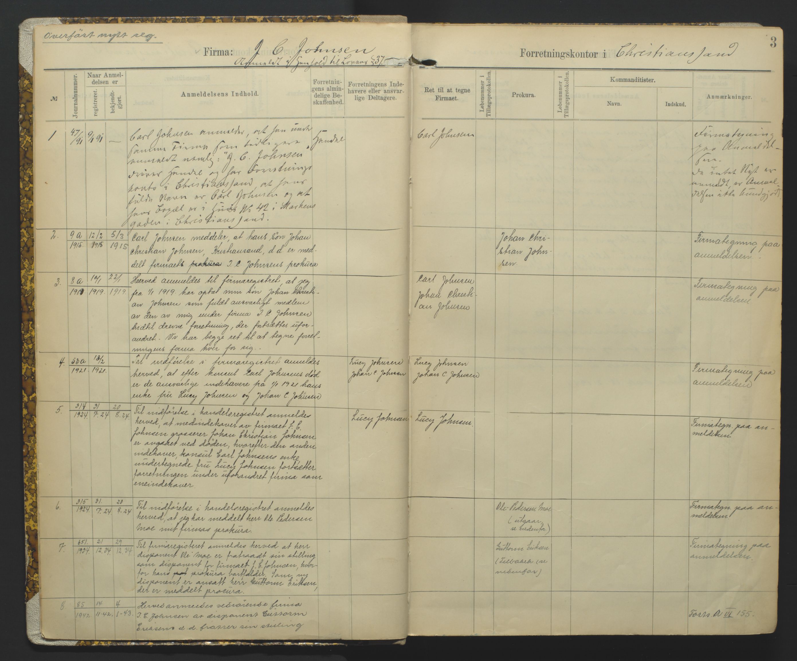 Kristiansand byrett, AV/SAK-1223-0001/K/Kb/L0002: Handelsregister A I, 1891-1894, s. 3
