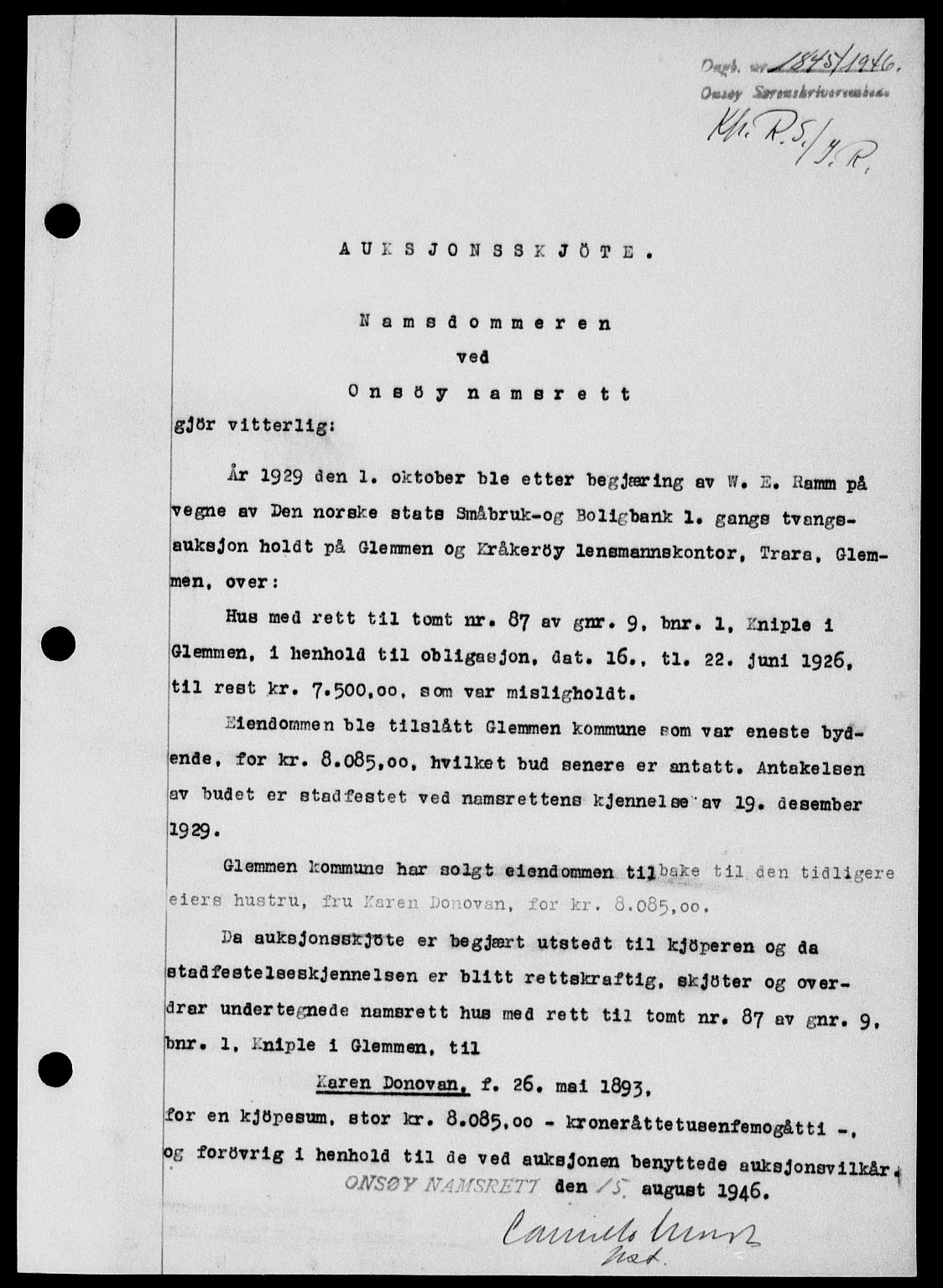 Onsøy sorenskriveri, SAO/A-10474/G/Ga/Gab/L0016: Pantebok nr. II A-16, 1946-1946, Dagboknr: 1845/1946