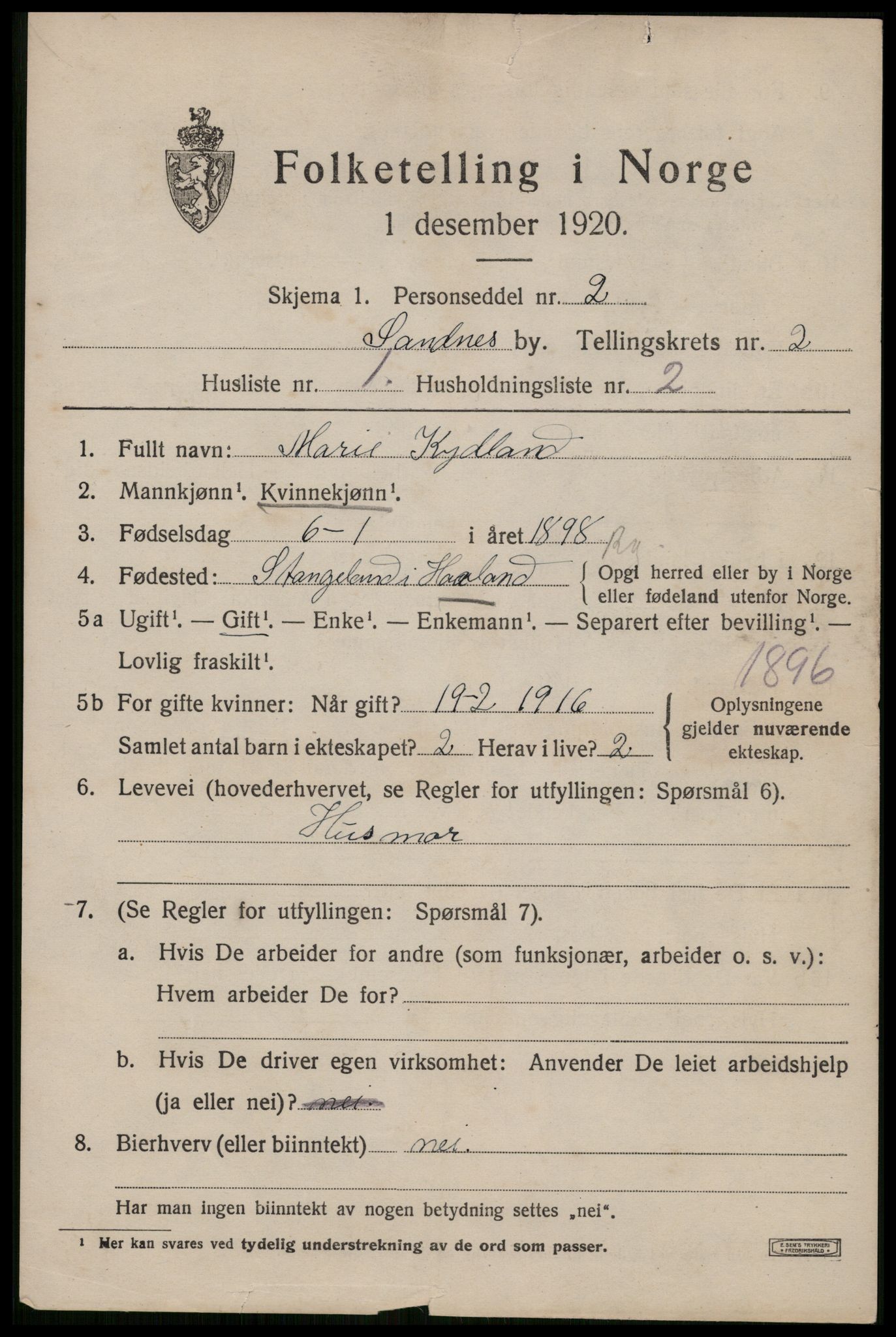 SAST, Folketelling 1920 for 1102 Sandnes ladested, 1920, s. 3040