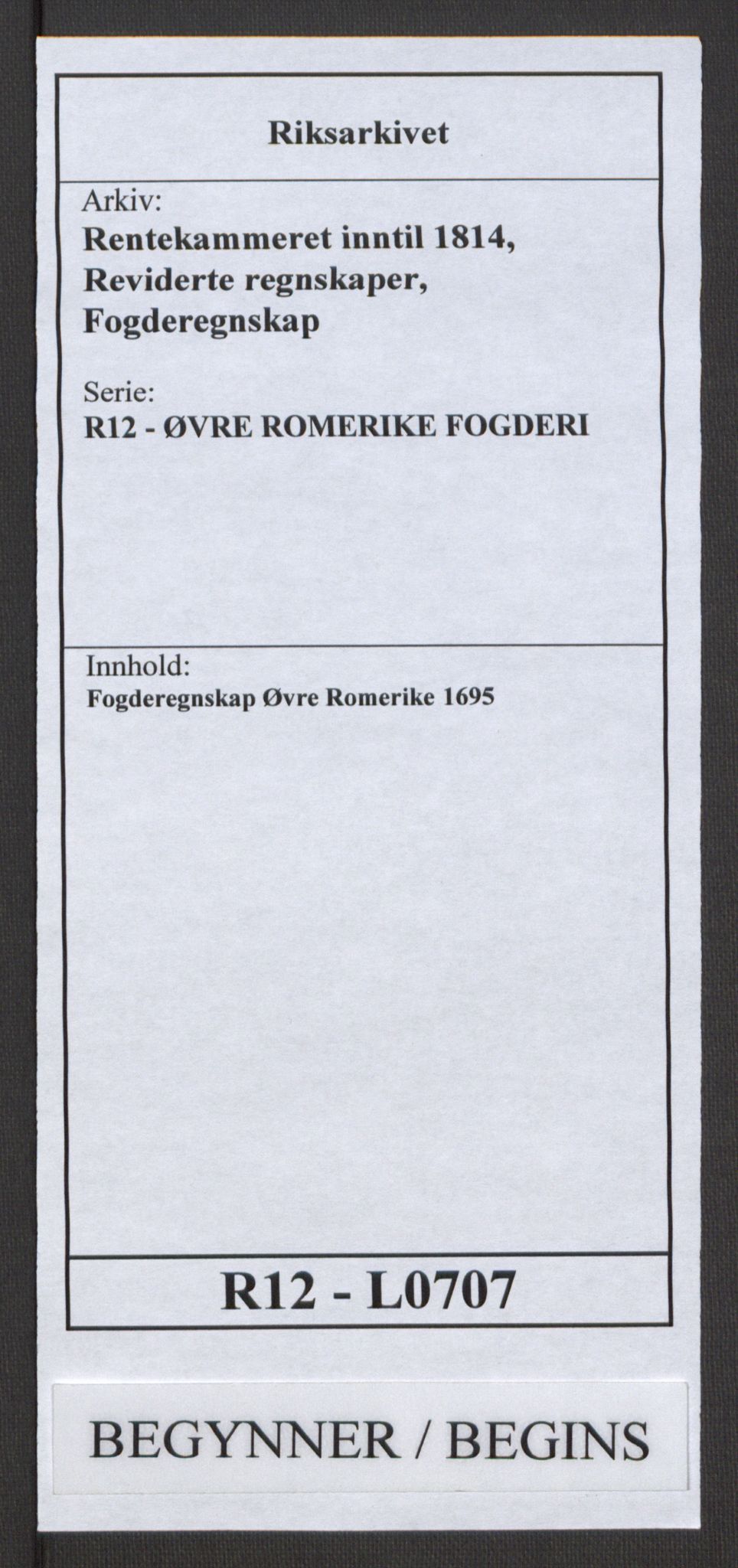 Rentekammeret inntil 1814, Reviderte regnskaper, Fogderegnskap, AV/RA-EA-4092/R12/L0707: Fogderegnskap Øvre Romerike, 1695, s. 1