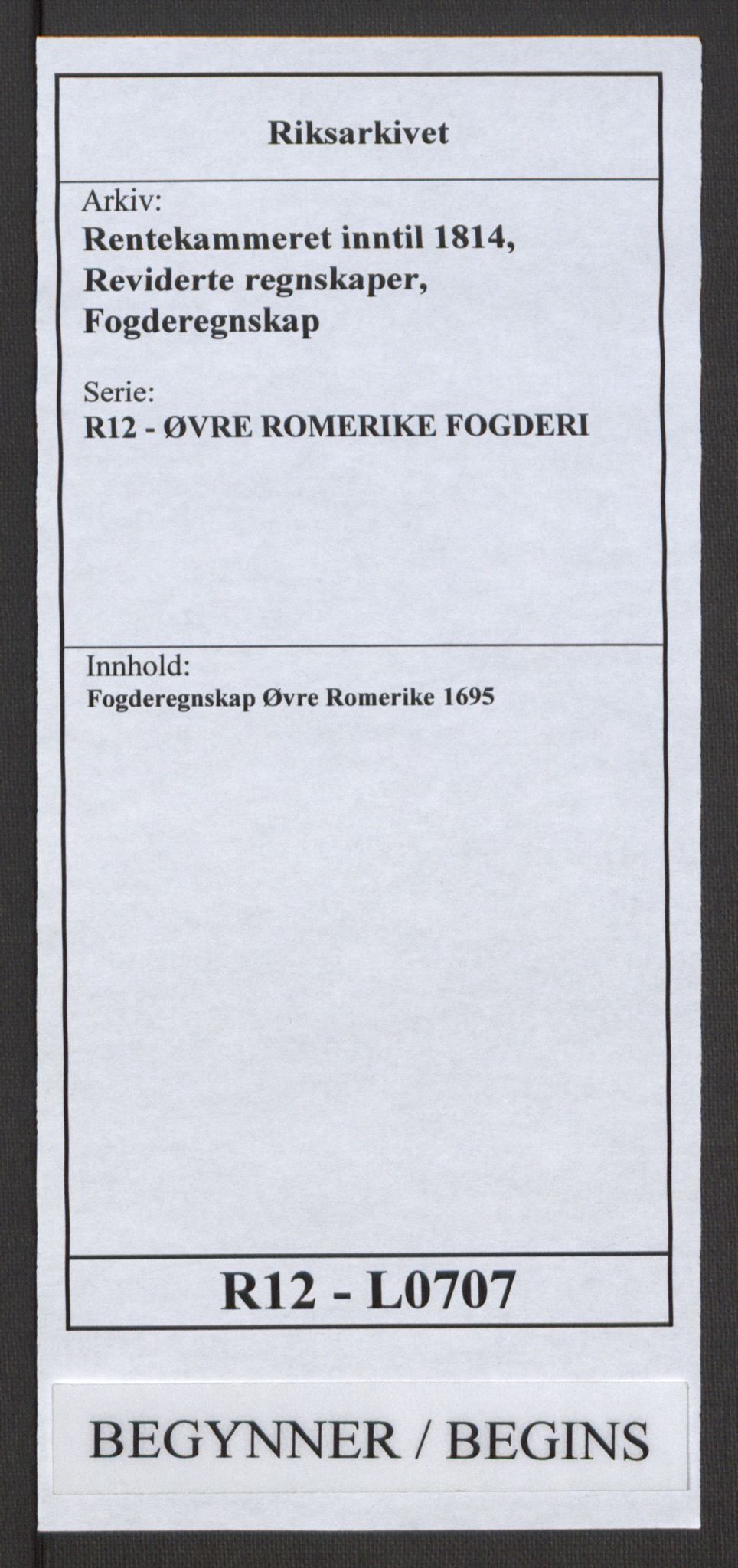 Rentekammeret inntil 1814, Reviderte regnskaper, Fogderegnskap, RA/EA-4092/R12/L0707: Fogderegnskap Øvre Romerike, 1695, s. 1