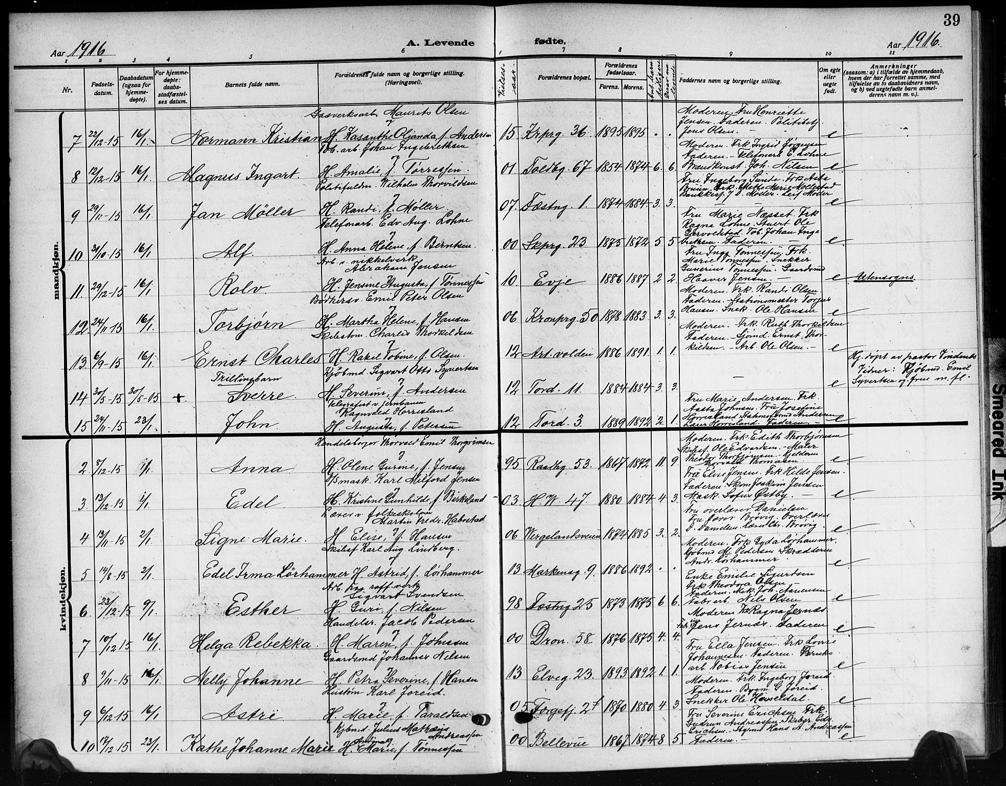 Kristiansand domprosti, AV/SAK-1112-0006/F/Fb/L0021: Klokkerbok nr. B 21, 1914-1923, s. 39
