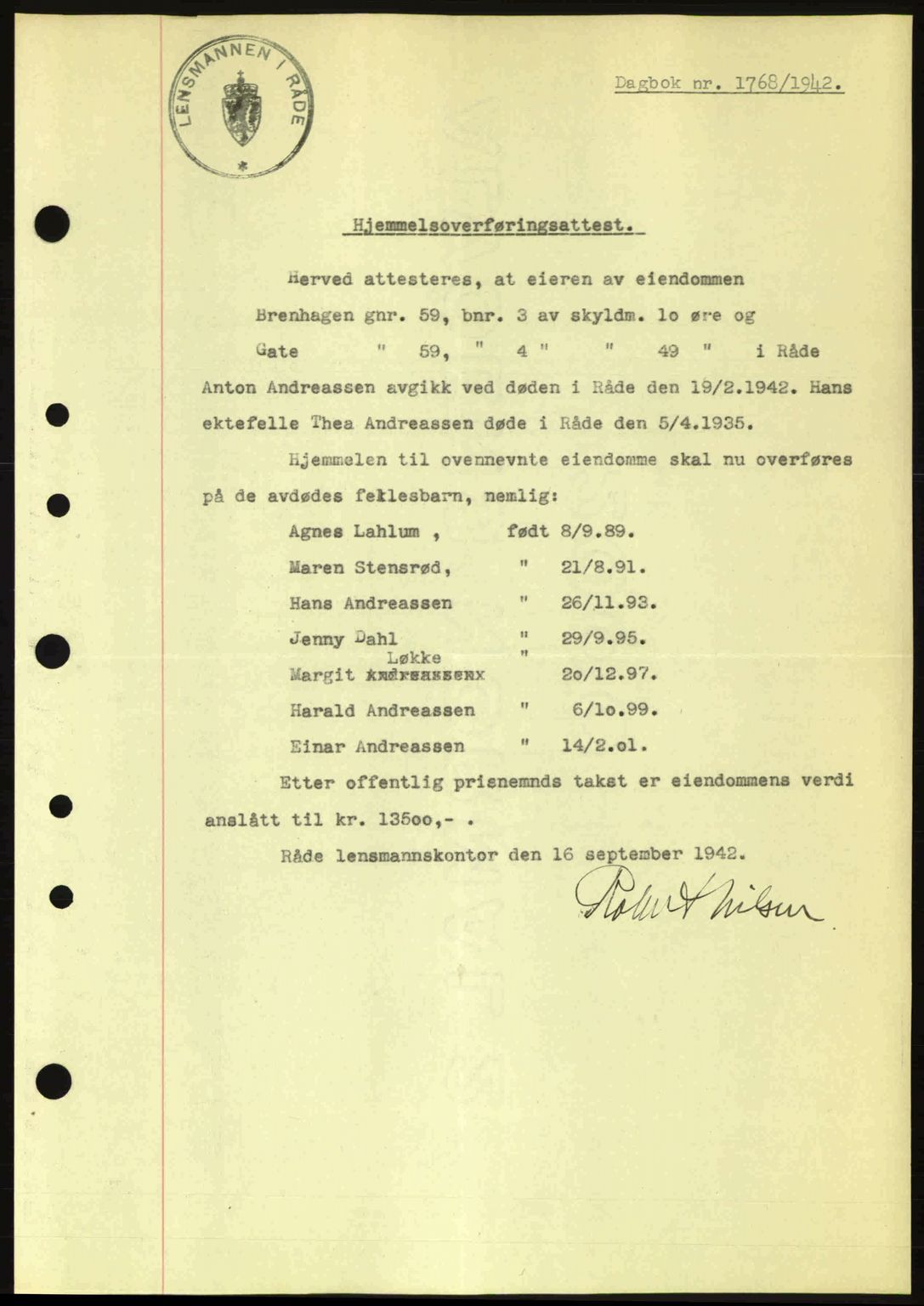 Moss sorenskriveri, SAO/A-10168: Pantebok nr. A10, 1942-1943, Dagboknr: 1768/1942