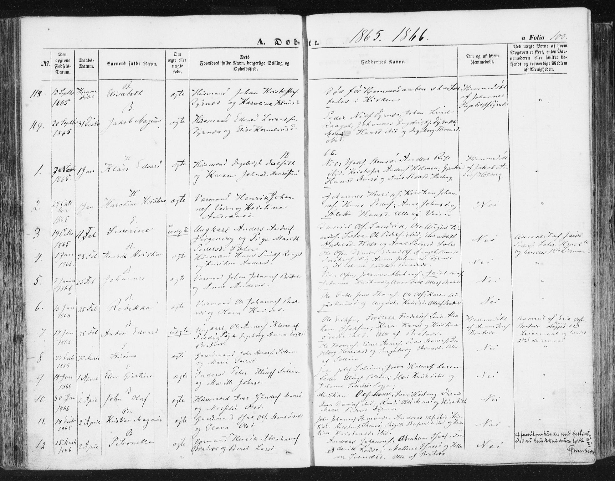 Ministerialprotokoller, klokkerbøker og fødselsregistre - Møre og Romsdal, SAT/A-1454/581/L0937: Ministerialbok nr. 581A05, 1853-1872, s. 100