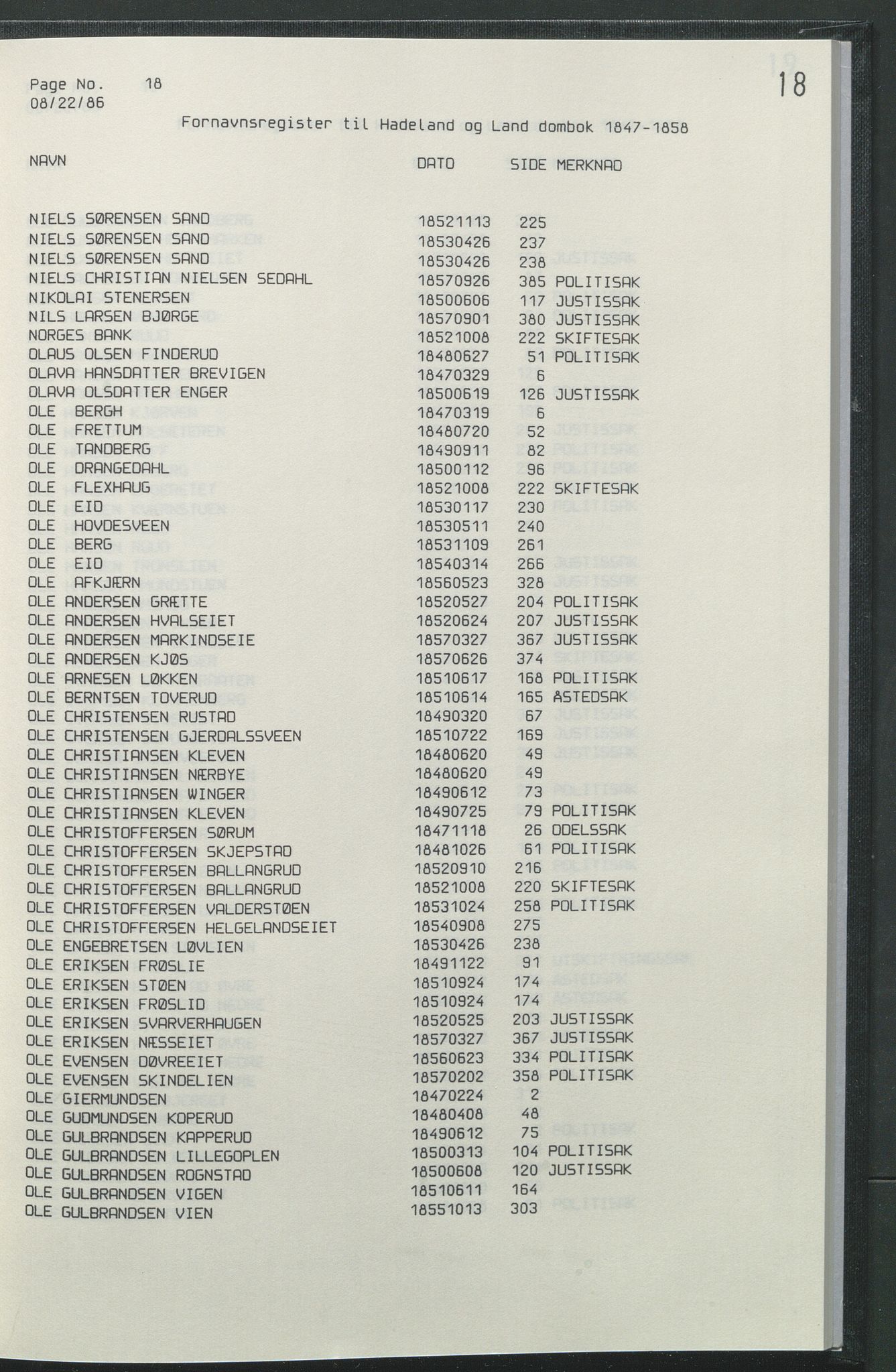 Statsarkivet i Hamar, AV/SAH-SAH-001/H/Hb/L0001/0004: Egne registre og hjelpemidler / Register  til Hadeland og Land sorenskriveri dombok 1 (1847 - 1858), 1847-1858, s. 18