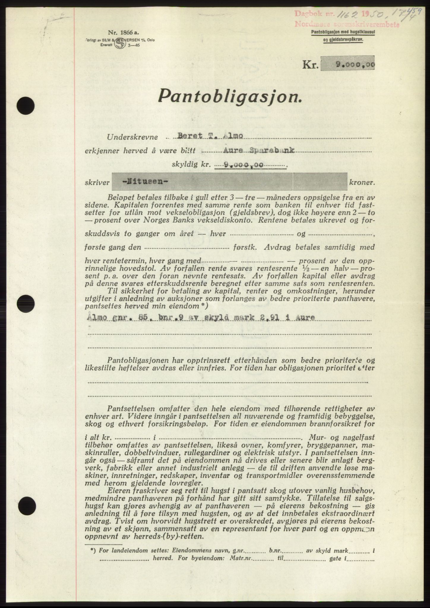 Nordmøre sorenskriveri, SAT/A-4132/1/2/2Ca: Pantebok nr. B104, 1950-1950, Dagboknr: 1162/1950