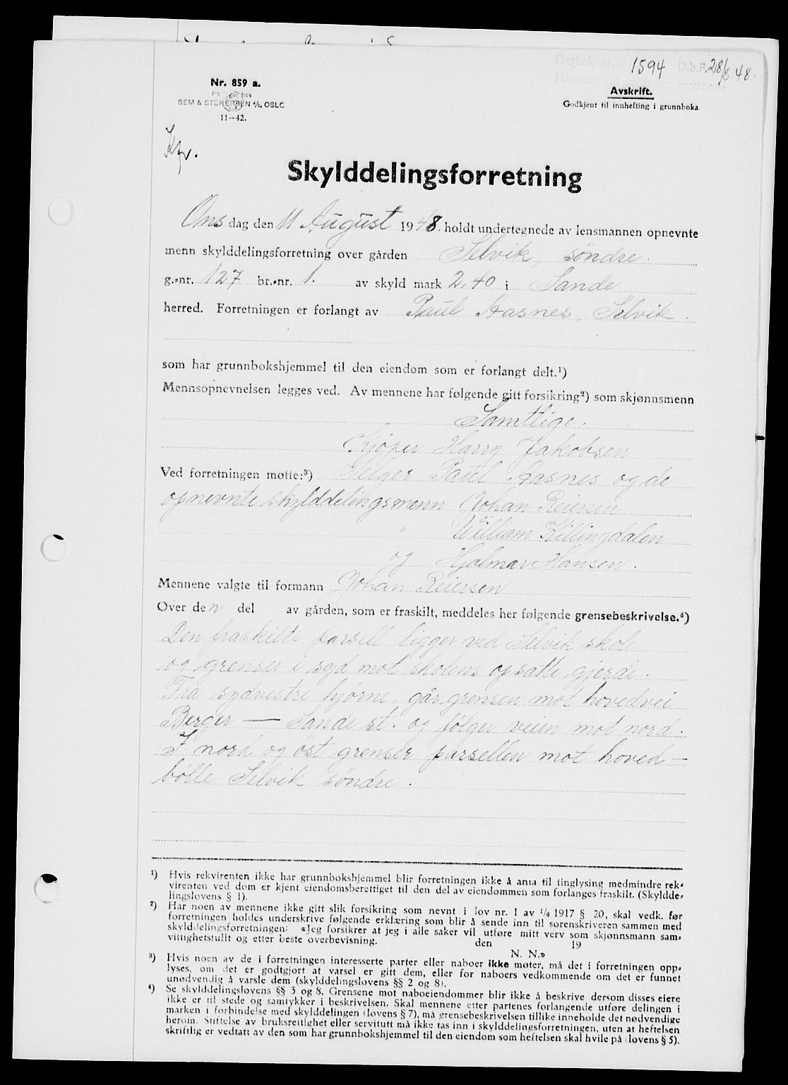 Holmestrand sorenskriveri, SAKO/A-67/G/Ga/Gaa/L0064: Pantebok nr. A-64, 1948-1948, Dagboknr: 1594/1948