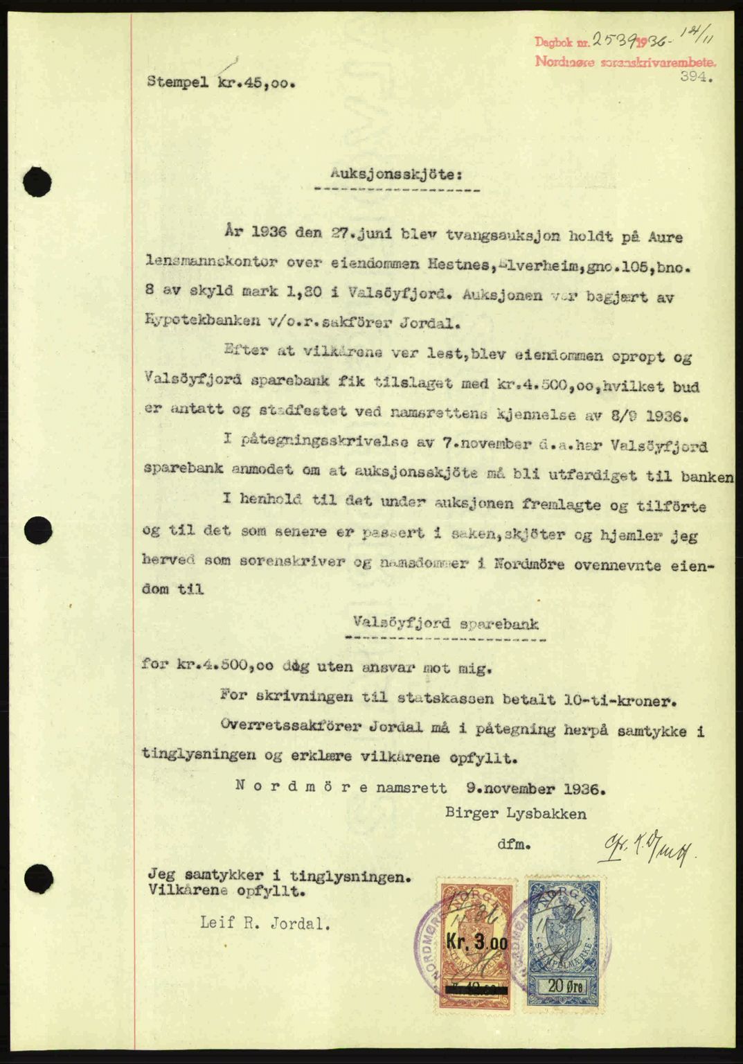 Nordmøre sorenskriveri, SAT/A-4132/1/2/2Ca: Pantebok nr. A80, 1936-1937, Dagboknr: 2539/1936