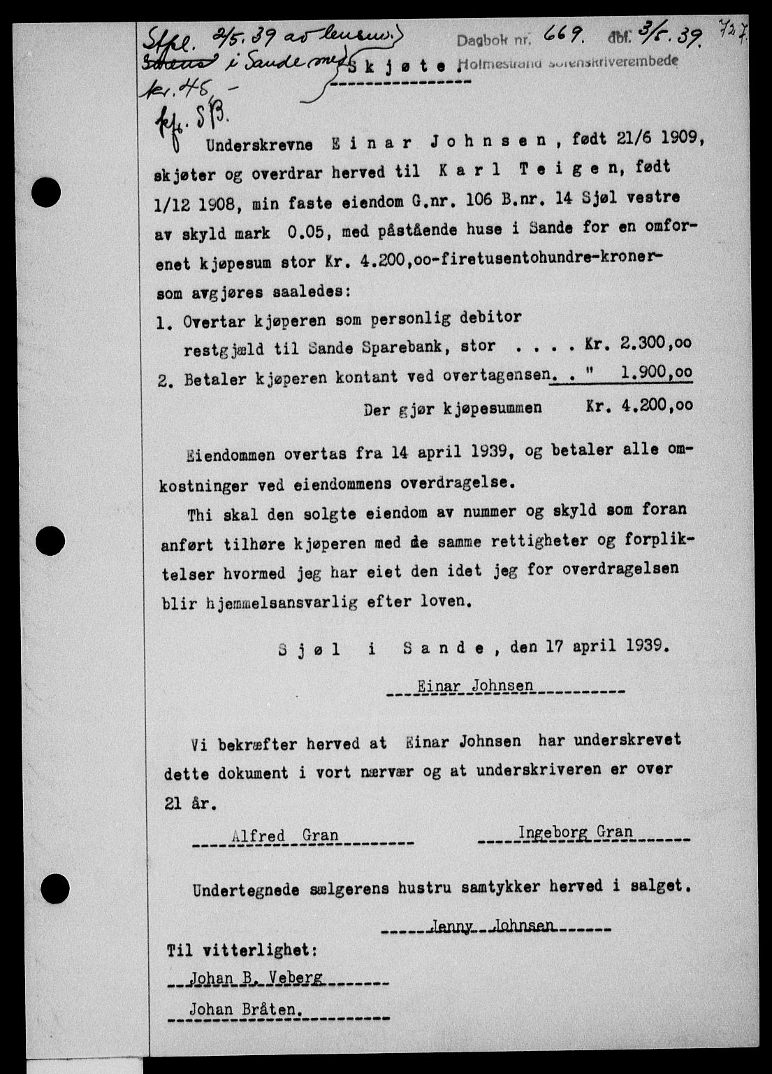 Holmestrand sorenskriveri, SAKO/A-67/G/Ga/Gaa/L0050: Pantebok nr. A-50, 1938-1939, Dagboknr: 669/1939