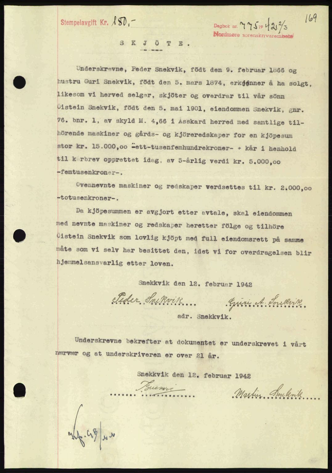 Nordmøre sorenskriveri, AV/SAT-A-4132/1/2/2Ca: Pantebok nr. A92, 1942-1942, Dagboknr: 775/1942