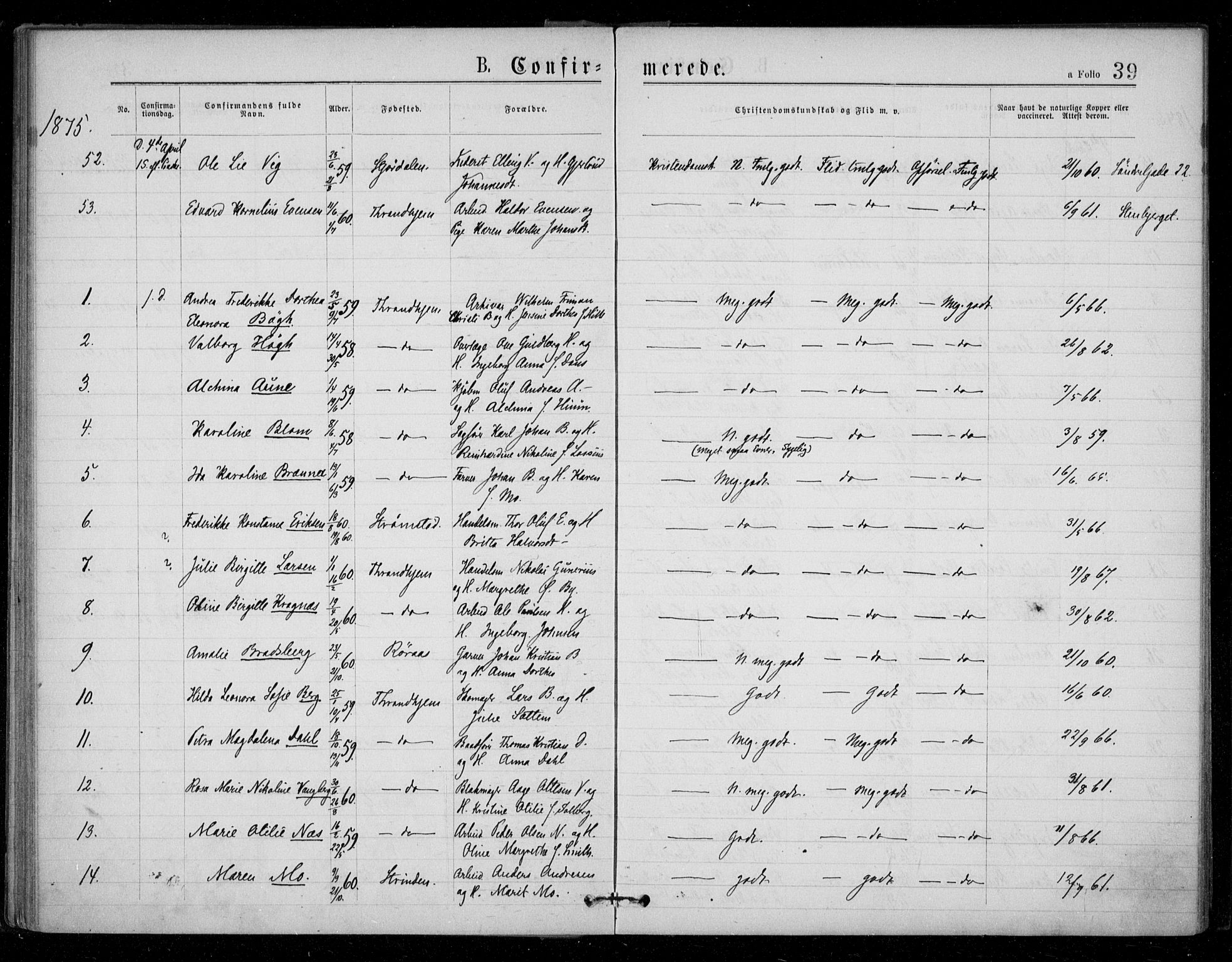 Ministerialprotokoller, klokkerbøker og fødselsregistre - Sør-Trøndelag, SAT/A-1456/602/L0121: Ministerialbok nr. 602A19, 1872-1879, s. 39