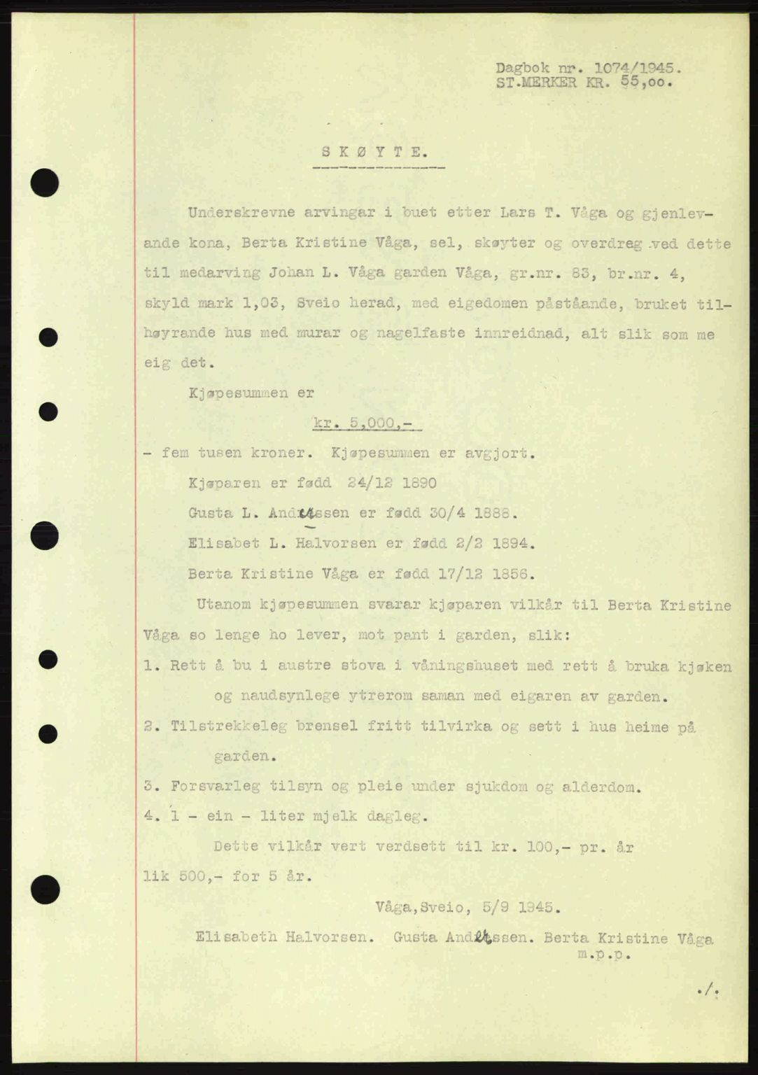 Sunnhordland sorenskrivar, AV/SAB-A-2401: Pantebok nr. A77, 1945-1945, Dagboknr: 1074/1945