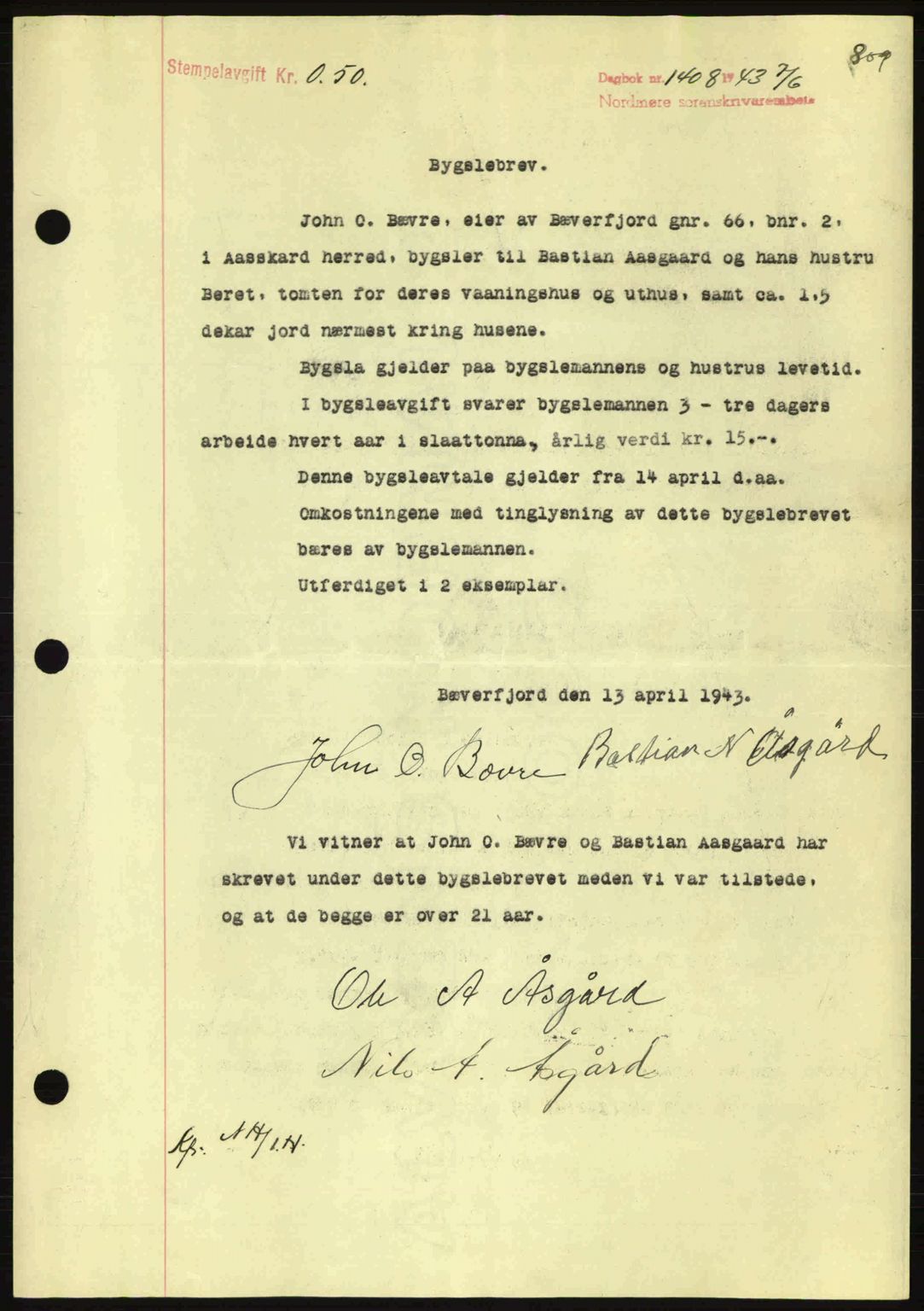 Nordmøre sorenskriveri, SAT/A-4132/1/2/2Ca: Pantebok nr. B90, 1942-1943, Dagboknr: 1408/1943