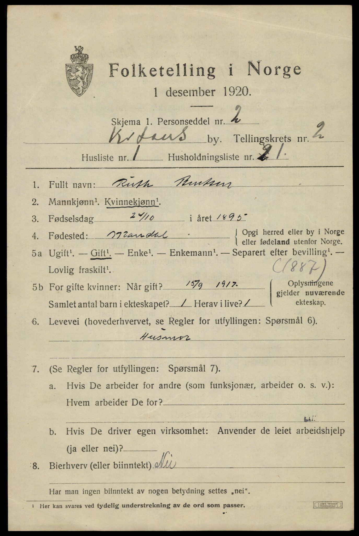 SAK, Folketelling 1920 for 1001 Kristiansand kjøpstad, 1920, s. 12311