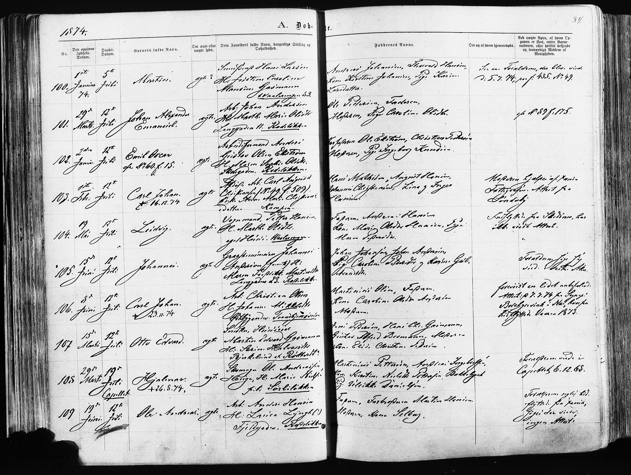 Østre Aker prestekontor Kirkebøker, AV/SAO-A-10840/F/Fa/L0003: Ministerialbok nr. I 3, 1869-1875, s. 84