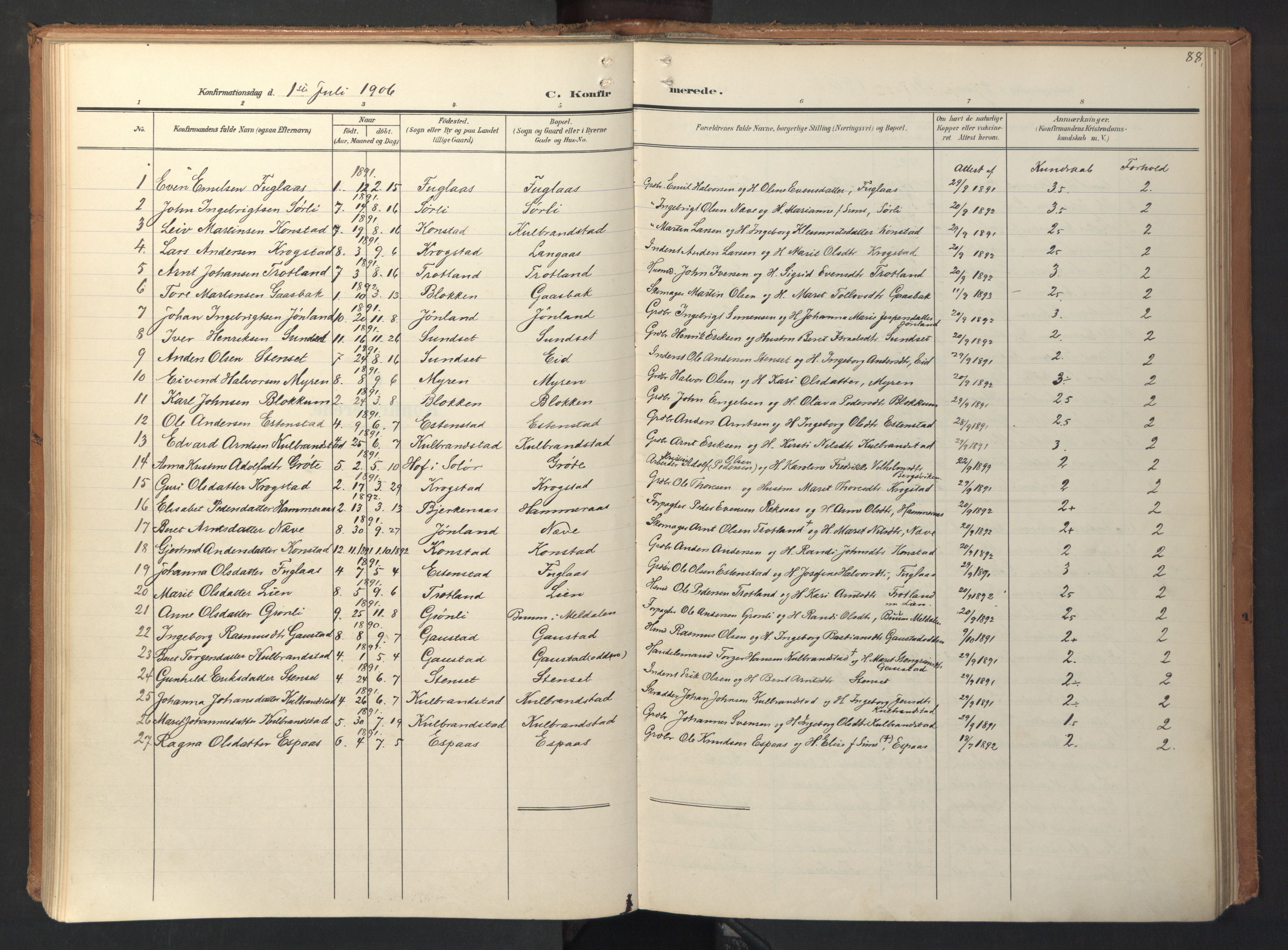 Ministerialprotokoller, klokkerbøker og fødselsregistre - Sør-Trøndelag, SAT/A-1456/694/L1128: Ministerialbok nr. 694A02, 1906-1931, s. 88