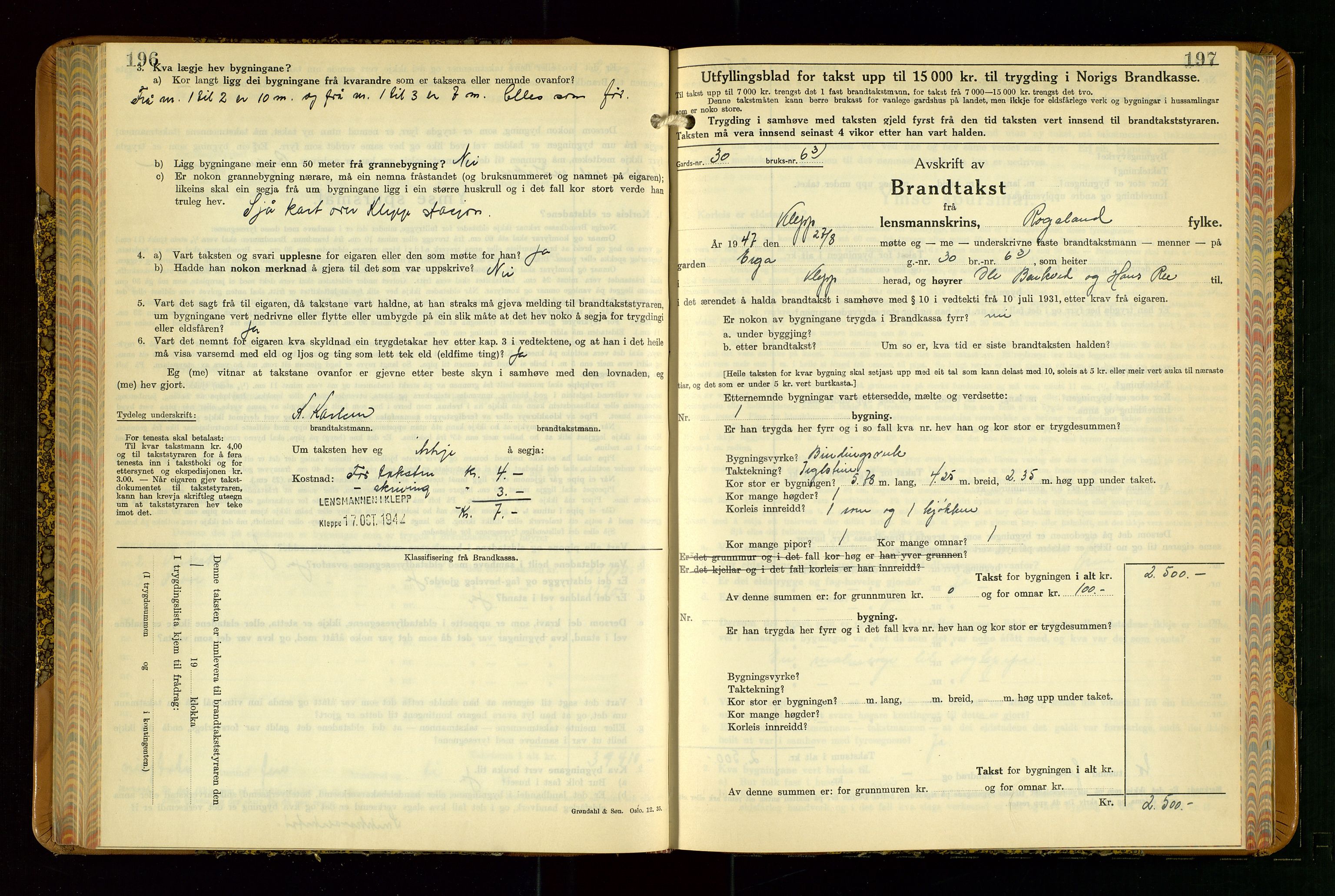 Klepp lensmannskontor, SAST/A-100163/Goc/L0015: "Branntakstbok" m/register, 1939-1947, s. 196-197